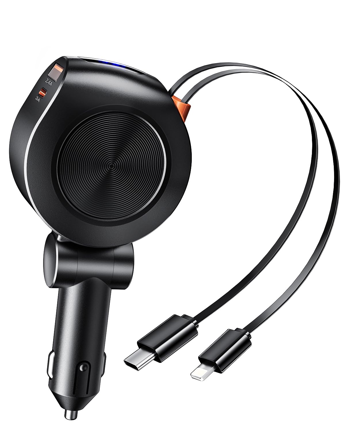 COCIVIVRE 【2024最新型】 シガーソケット カーチャージャー 4in1 車 充電器 急速充電 69W 電圧測定 車載充電器 (PD30W Type-C&12W Lightning 巻き取り式ケーブル80cm、 USBポート*2) 多重保護システム 車用充