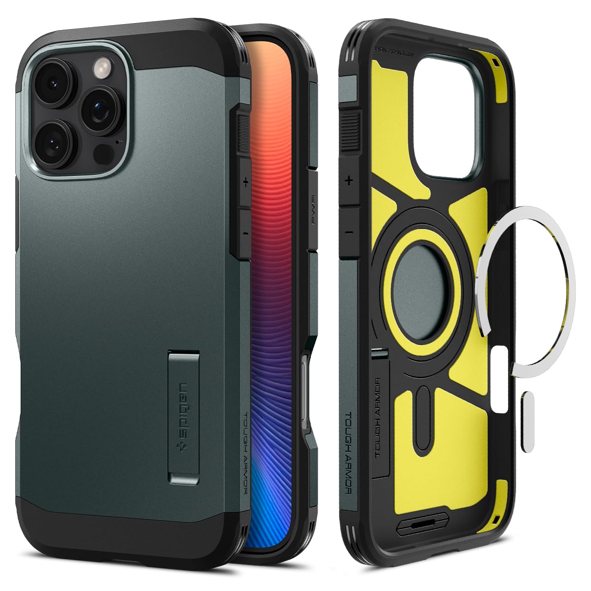 Spigen iPhone 16 Pro ケース MagSafe対応 マグネット搭載 スタンド マット 耐衝撃 米軍MIL規格 タフ・アーマー（AI）・マグフィット ACS08148 (アビス・グリーン)