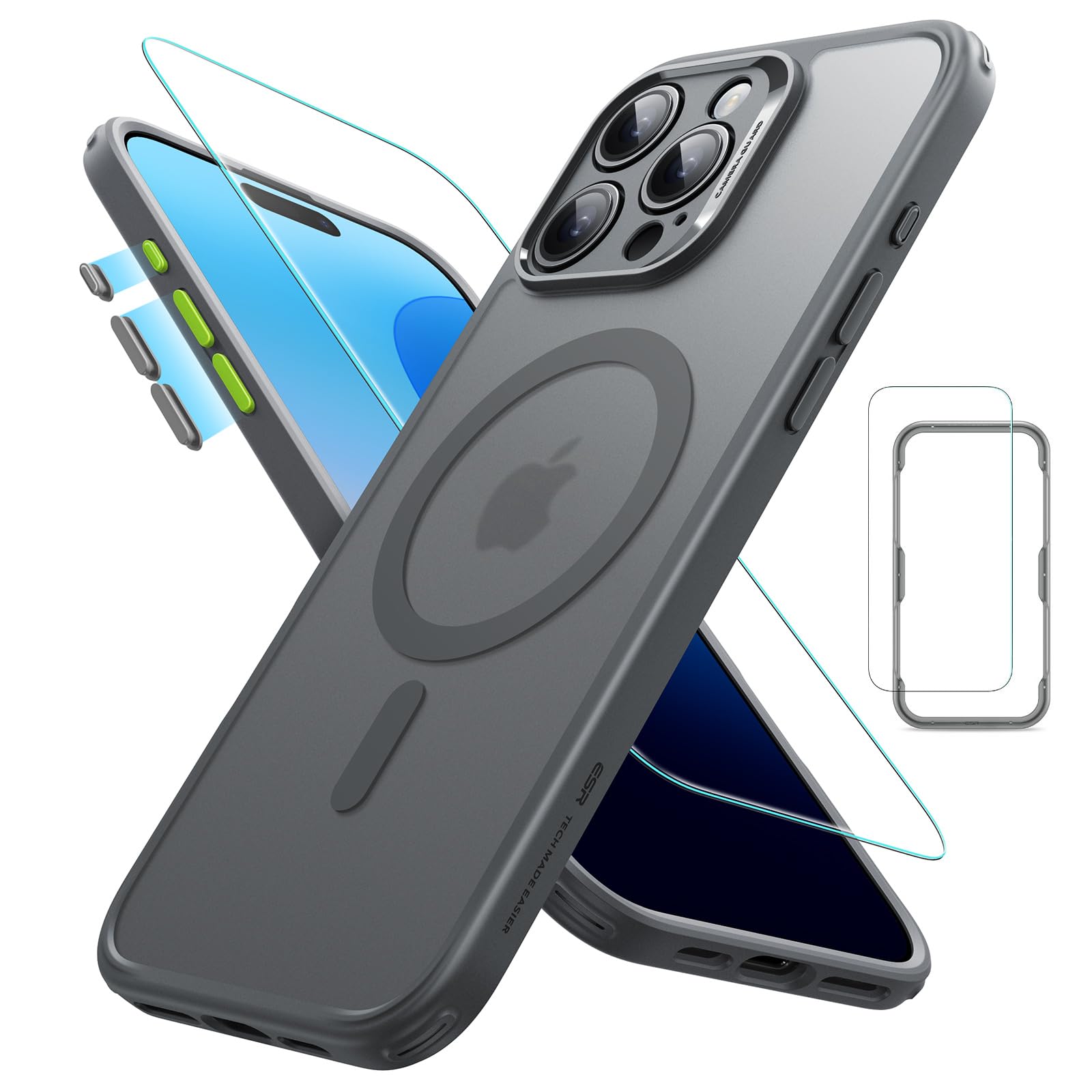 ESR iPhone 16 Pro ケース (4 in 1) セット 半透明マットケース スクリーン保護フィルム付き MagSafe対応 軍事保護規格保護力 Classicシリーズ フロストグレー