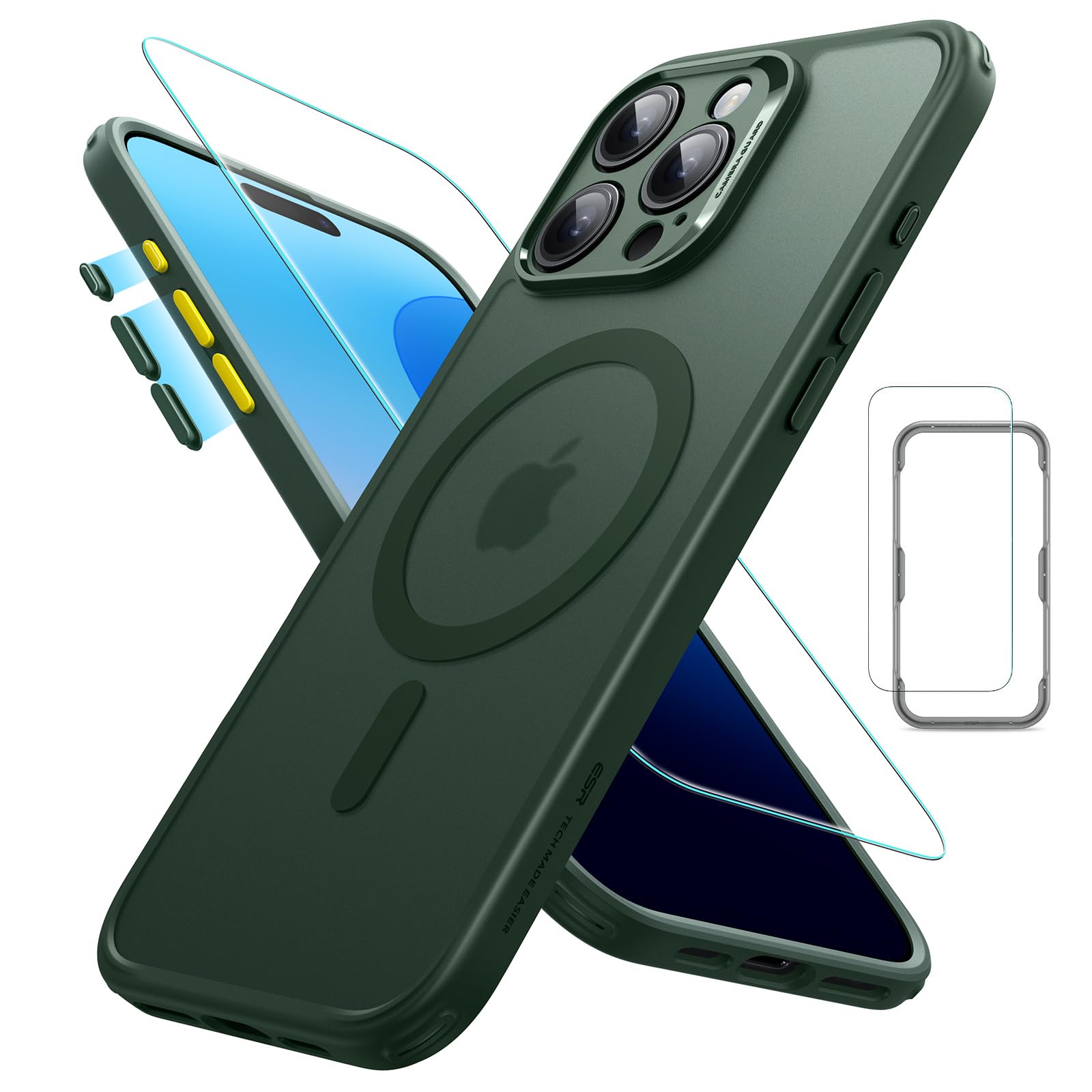 ESR iPhone 16 Pro Max ケース (4 in 1) セット 半透明マットケース スクリーン保護フィルム付き MagSafe対応 軍事保護規格保護力 Classicシリーズ つや消しグリーン