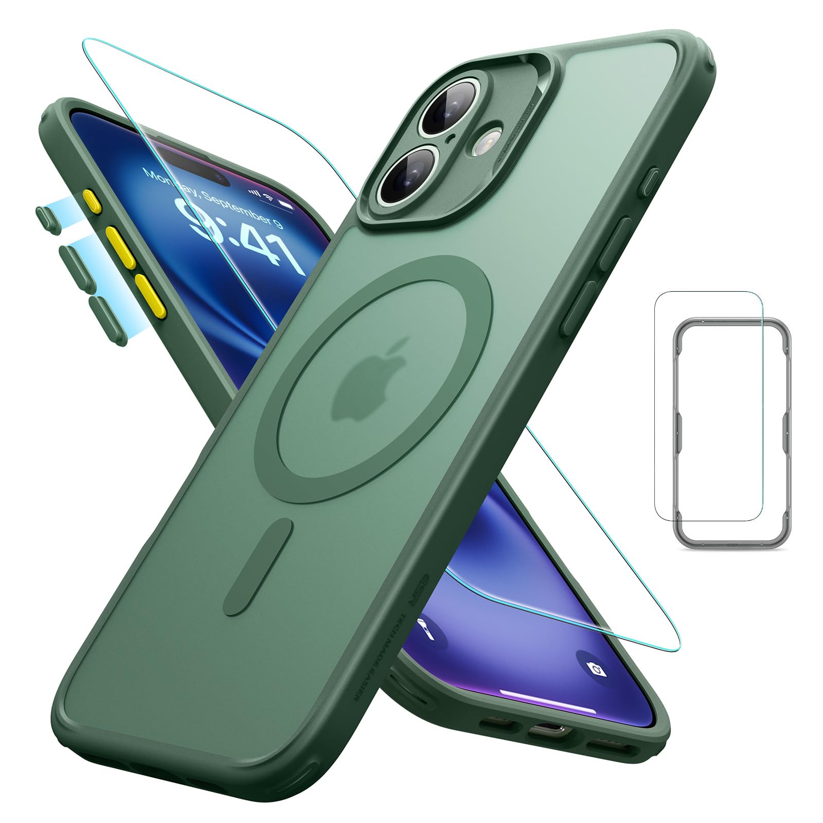 ESR iPhone 16 ケース (4 in 1) セット 半透明マットケース スクリーン保護フィルム付き MagSafe対応 軍事保護規格保護力 Classicシリーズ フロストグリーン