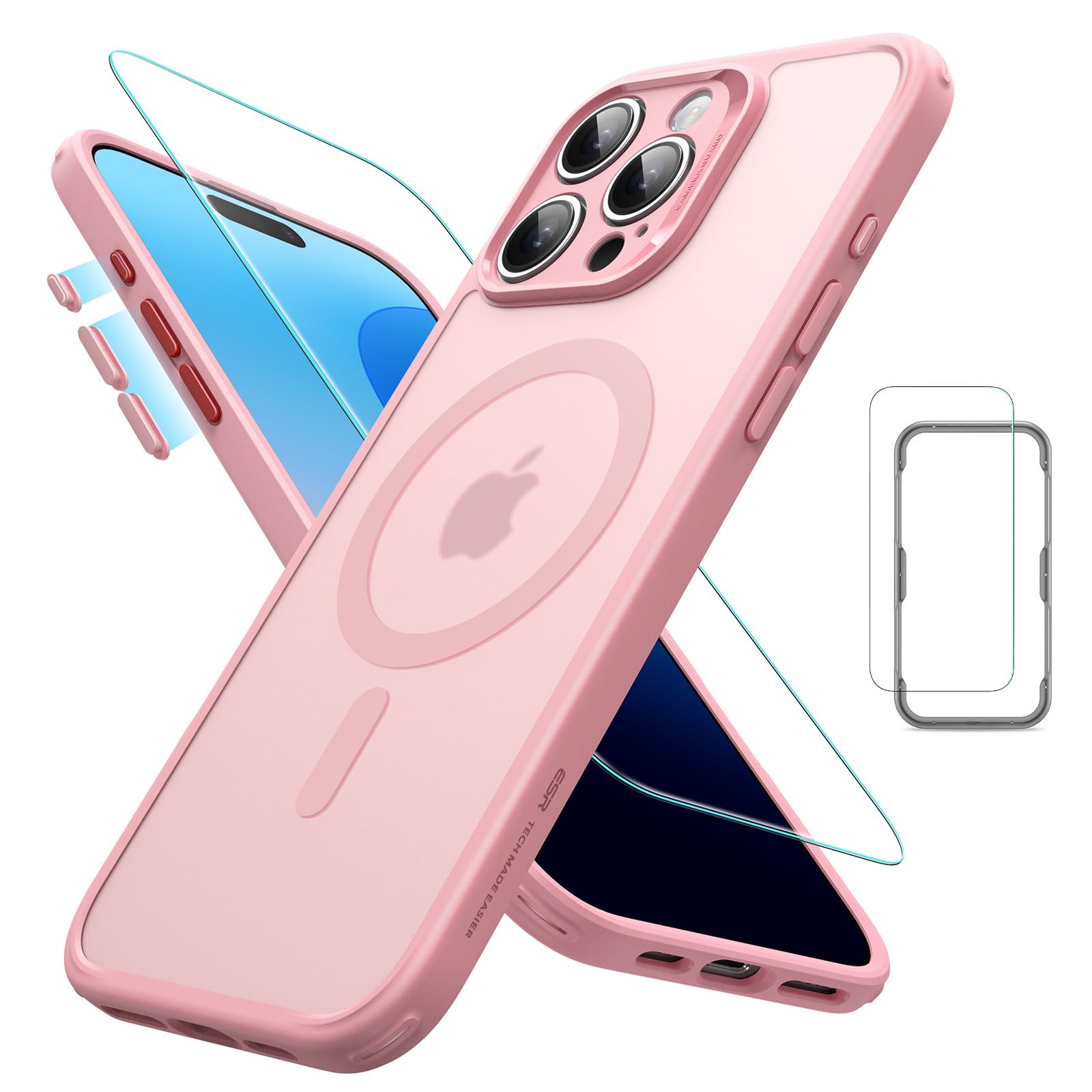 ESR iPhone 16 Pro ケース (4 in 1) セット 半透明マットケース スクリーン保護フィルム付き MagSafe対応 軍事保護規格保護力 Classicシリーズ フロストピンク
