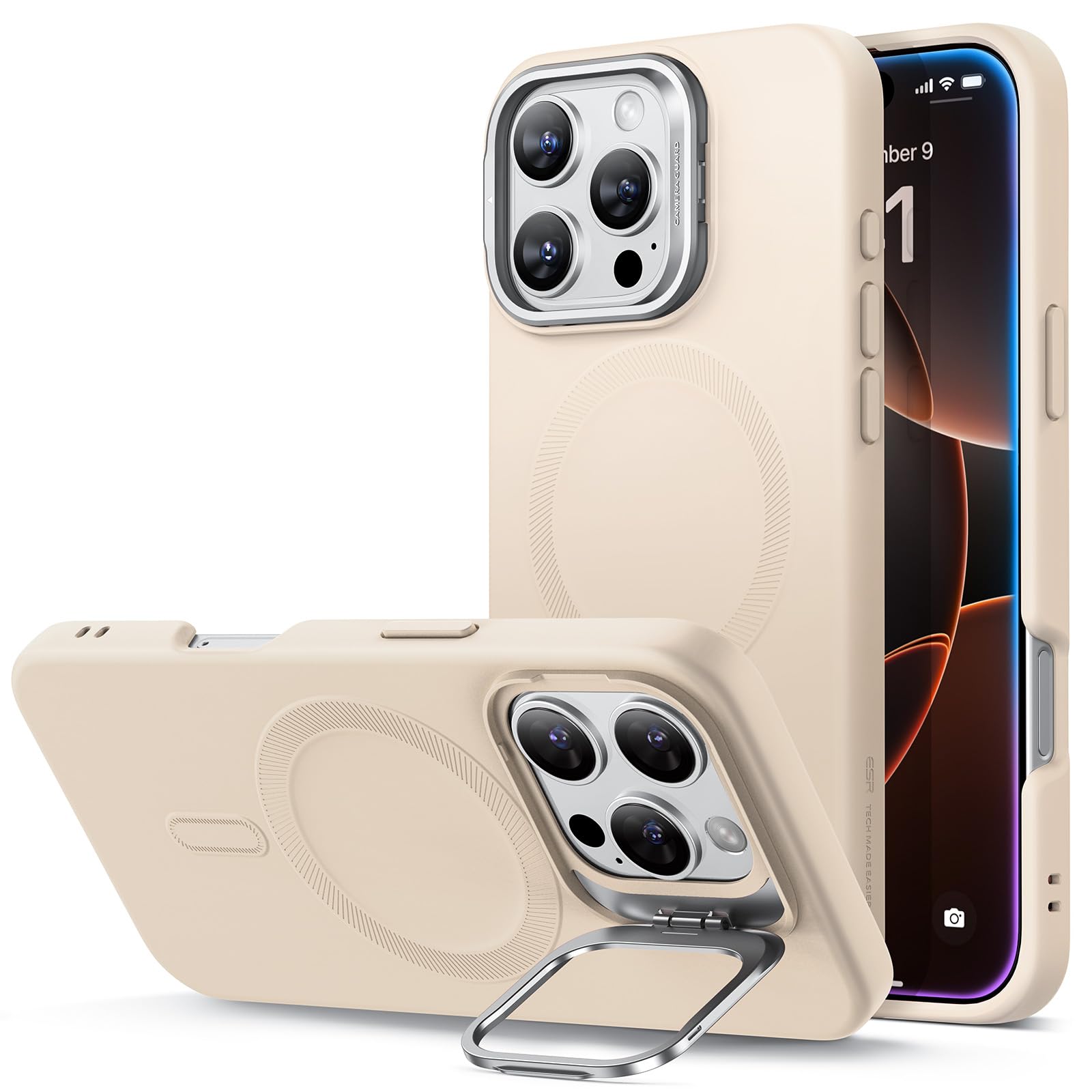 ESR iPhone 16 Pro ケース スタンド付きシリコンケース MagSafe対応 軍用規格保護 カメラ隠れスタンド内蔵 iPhone 16 Pro 用マグネットスマホケース Cloudシリーズ ライトタン