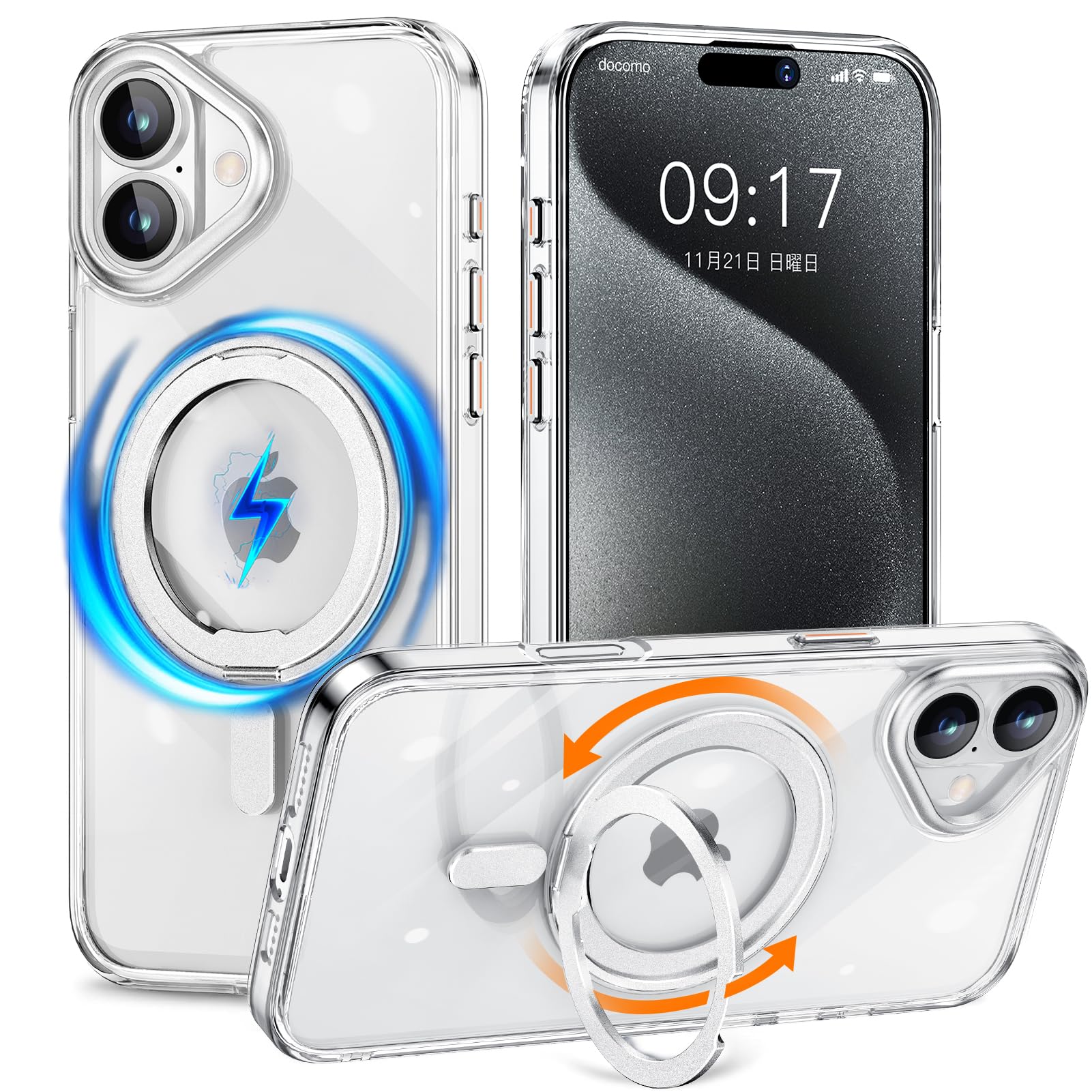 iPhone 16 用 ケース 縦横両対応 リング 【多機能360度回転スタンド】MagSafe対応 ワイヤレス充電対応 半透明マット スマホケース 米軍規格 耐衝撃 カメラレンズ保護 車載ホルダー対応 両眼 6.1イ｜WES STORE