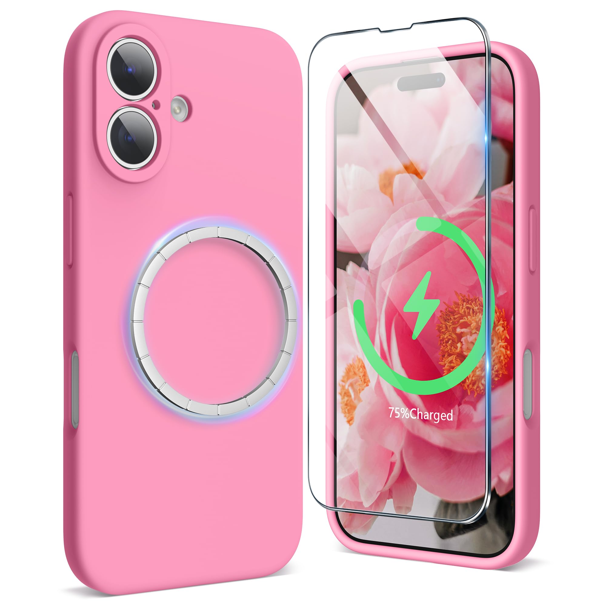 SURPHY iPhone 16 plus用ケース シリコン MagSafe対応，フィルム付き 6.7インチ対応(2024) 携帯ケース iphone16 plus(カメラの全面保護) マグネット搭載 iPhone16 plus用ソフトカバー(ピンク)