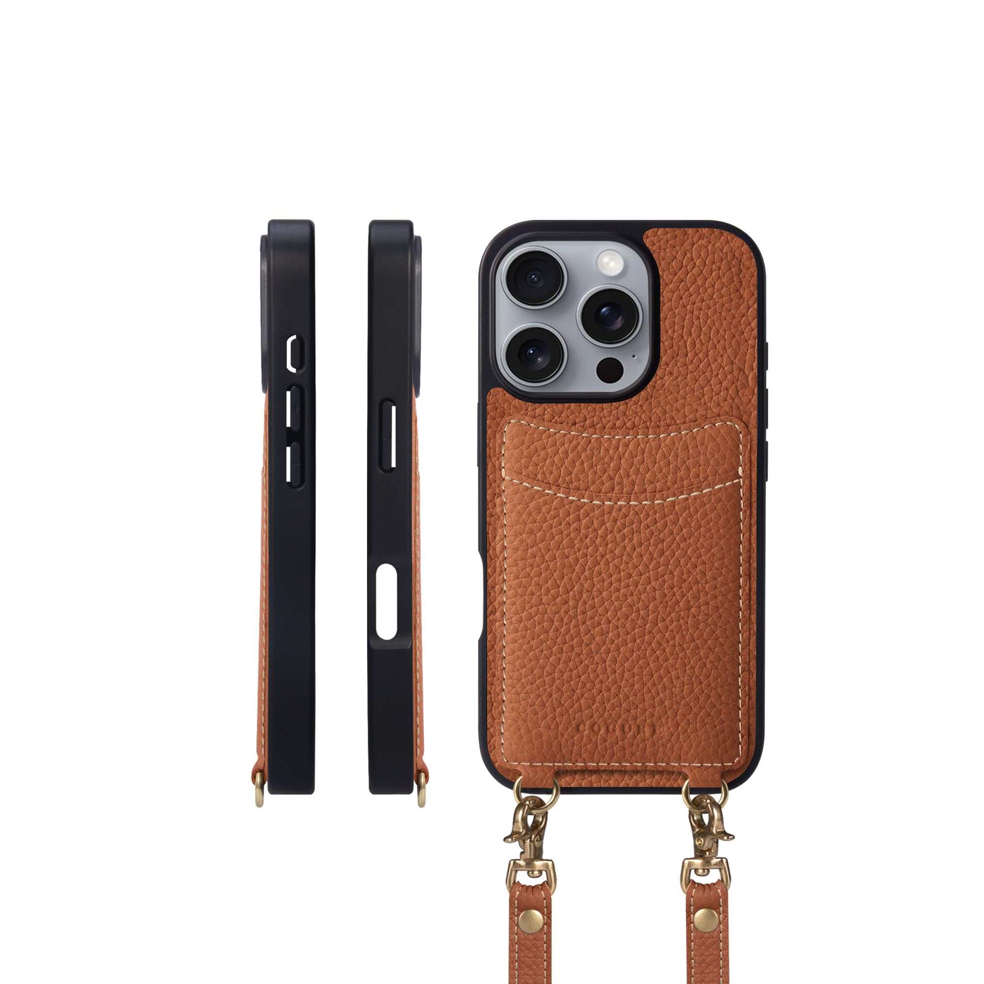 COGURE コグレ iPhone16Pro ケース ショルダーストラップ 本革 カード収納 落下防止 耐衝撃 ギフトボックス付き COPGCS キャラメル【Caramel】