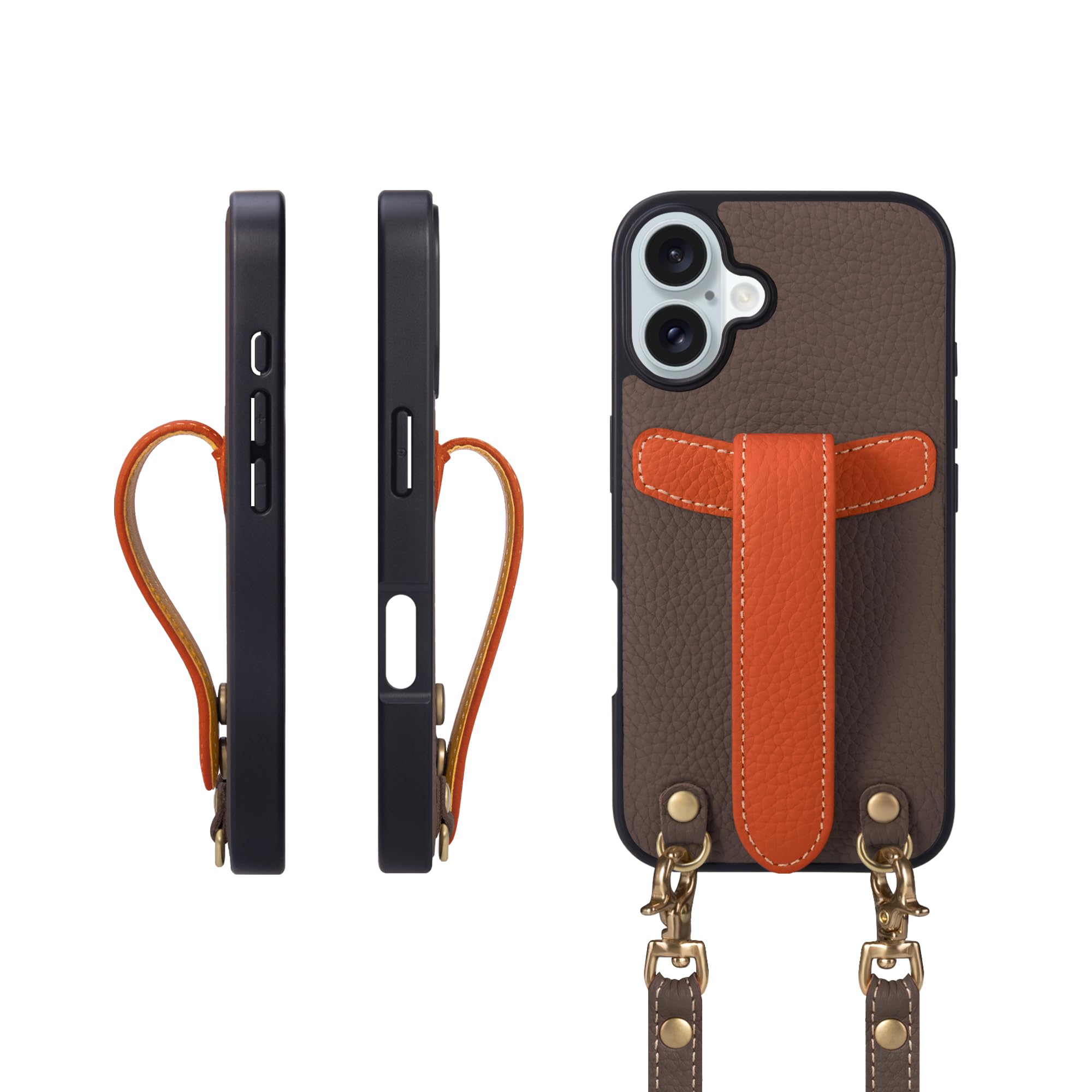 COGURE コグレ iPhone16Plus ケース ショルダーストラップ 本革 落下防止 耐衝撃 ギフトボックス付き COPG エトープ+オレンジ【Etoupe+OG】