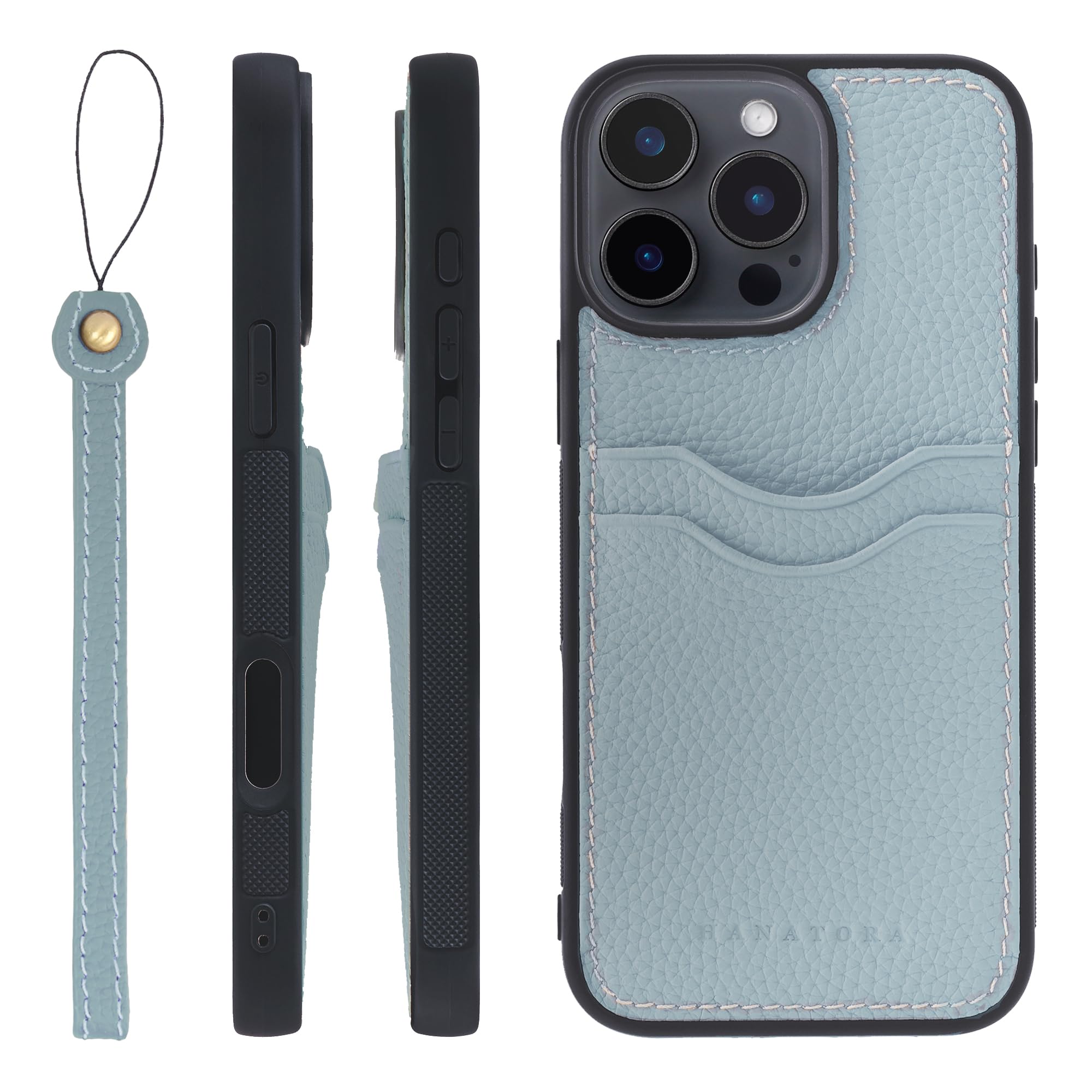 HANATORA iPhone16ProMax ケース 本革 耐衝撃 バンパー型 スマホケース スマホ ストラップ 付き シュリンクレザー ギフト ブルーグレー CPGGZ-16ProMax-BlueGray