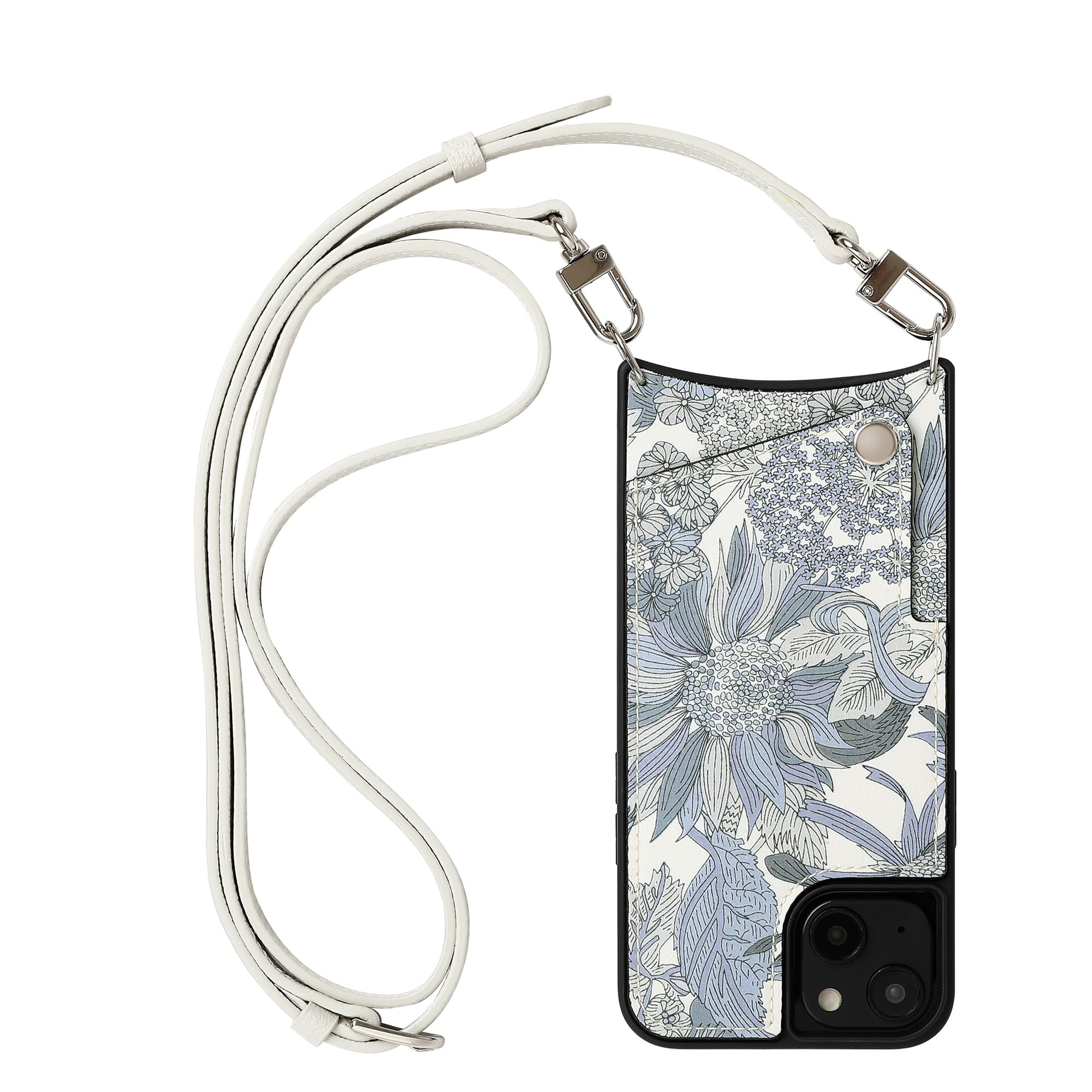 iPhone 16 ケース スマホショルダー リバティ アンジェリカガーラ 花柄 コットン 本革 ショルダーケース スマホケース ストラップ付き カード収納 フルグレインレザー (グレー（Angelica Garla）)