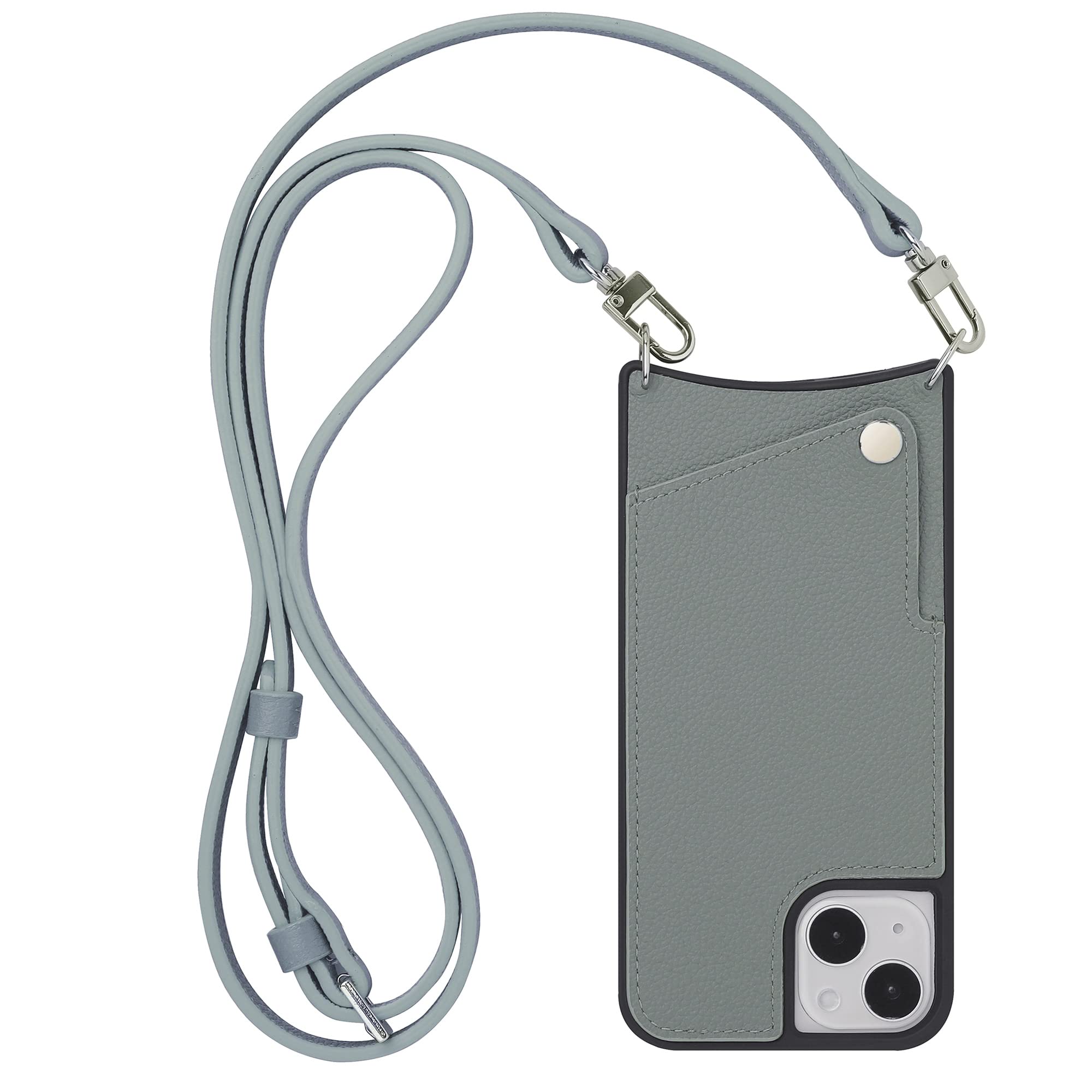 iPhone 16 ケース スマホショルダー 本革 ショルダーケース スマホケース 首掛け 斜め掛け ストラップ付き カード収納 落下防止 フルグレインレザー (iPhone16, ブルーグレー)|WES STORE