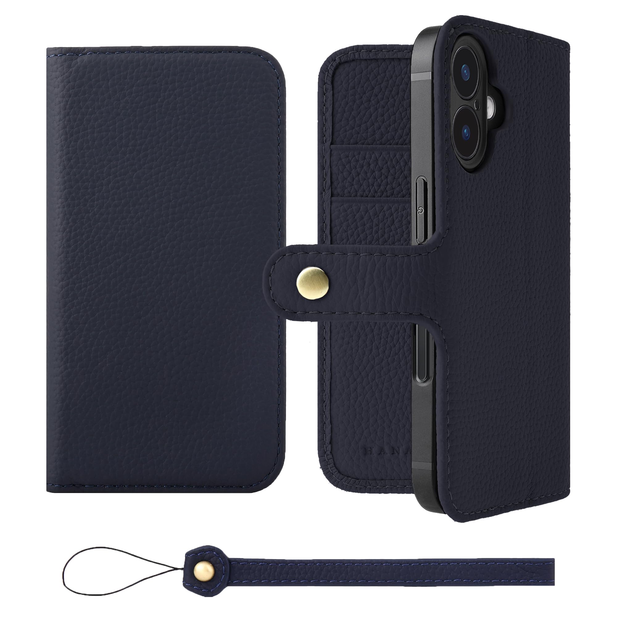HANATORA iPhone16 ケース 手帳型 本革 スマホケース スマホ スタンド ストラップ 付き シュリンクカーフレザー ギフト ベルトあり マグネットなし ネイビー H0XB-16-Navy