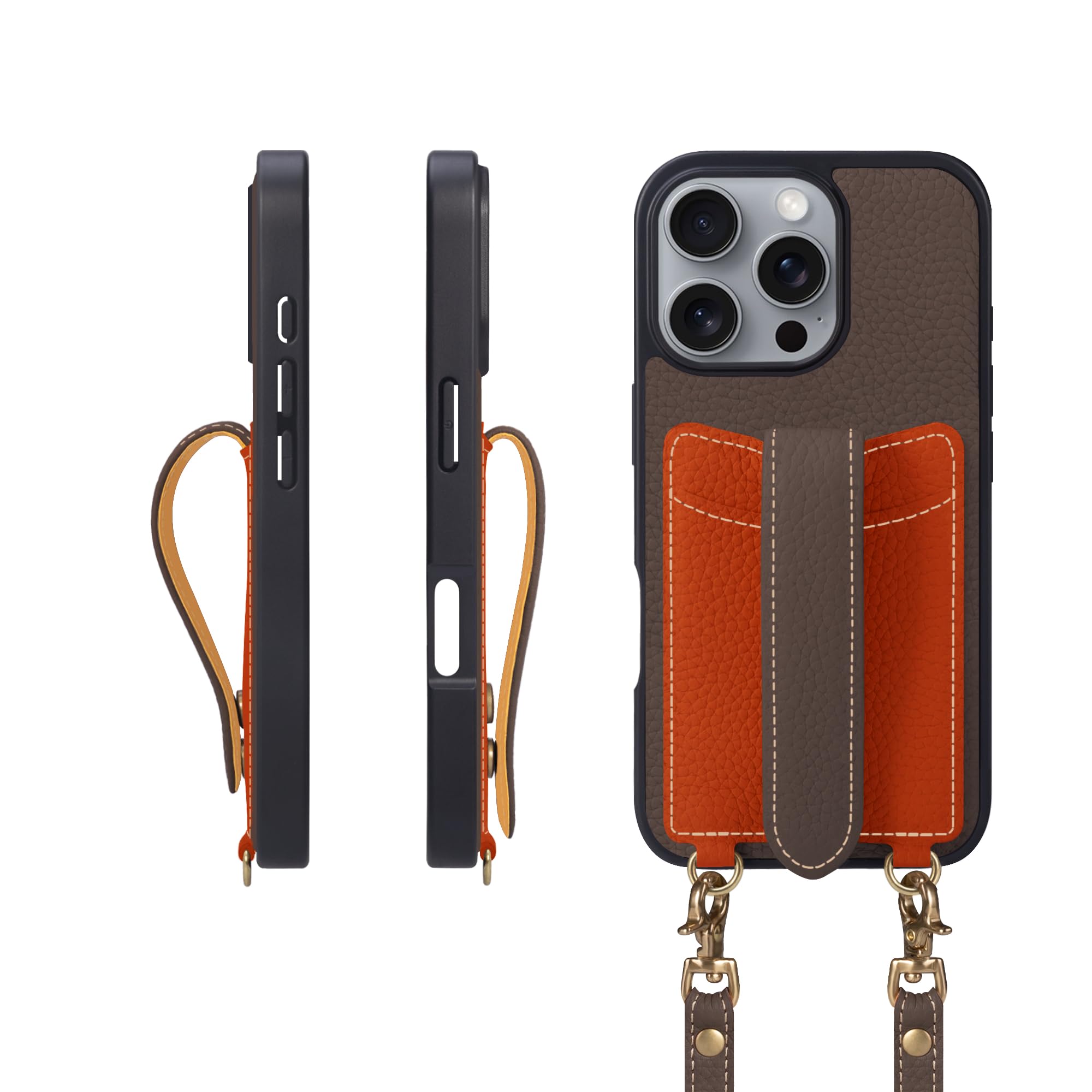 COGURE コグレ iPhone16ProMax ケース ショルダーストラップ 本革 カード収納 落下防止 耐衝撃 ギフトボックス付き COPGC エトープ+オレンジ【Etoupe+OG】