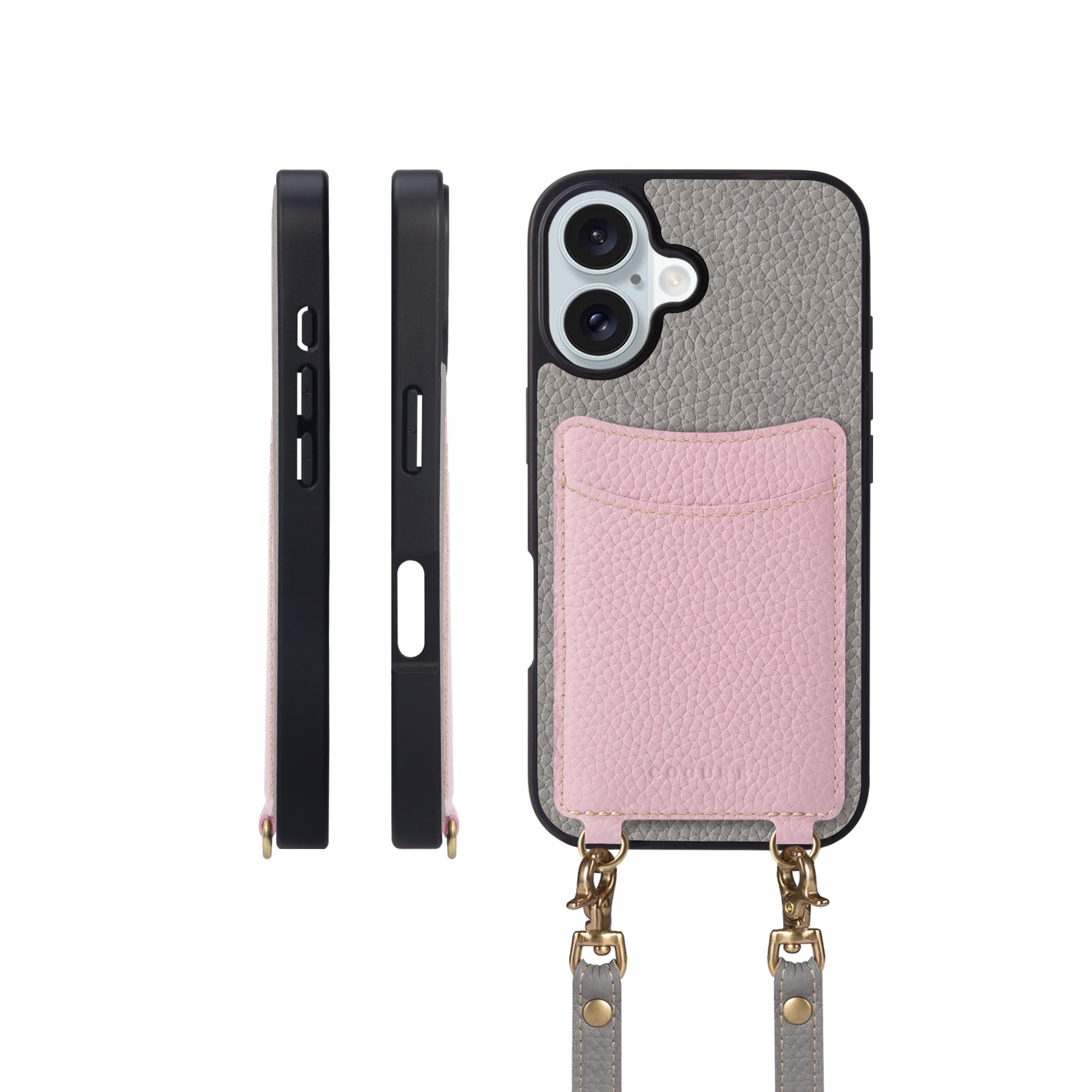 COGURE コグレ iPhone16Plus ケース ショルダーストラップ 本革 カード収納 落下防止 耐衝撃 ギフトボックス付き COPGCS グレージュ+ピンク【Grege+PK】