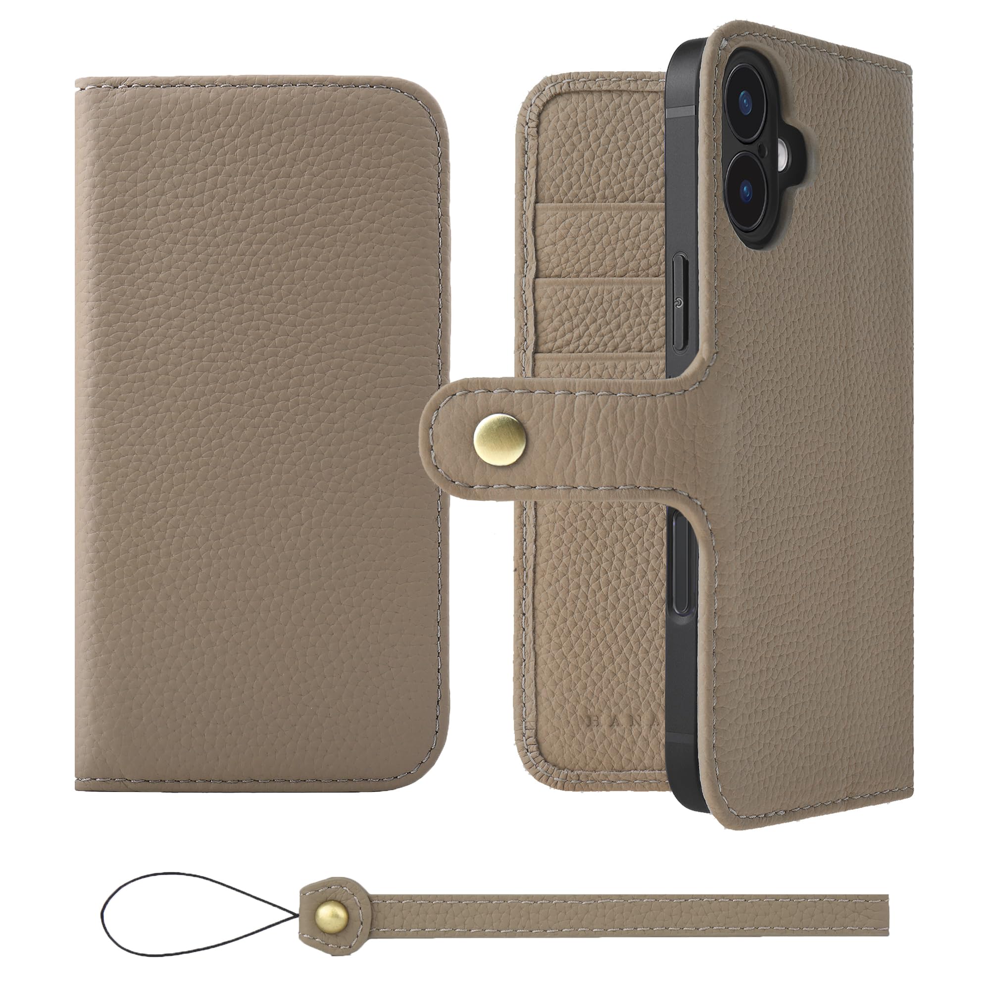 HANATORA iPhone16Plus 入れもの 万覚え帳型 本革 スマホケース スマホ 照明ランプ 同盟罷工一巡り 付き添い人 シュリンクカーフレザー 差し上げ物 胴締めあり 磁石なし グレージュ H0XB-16Plus-Grege スマートフォン・タブレット-ケース・カバー