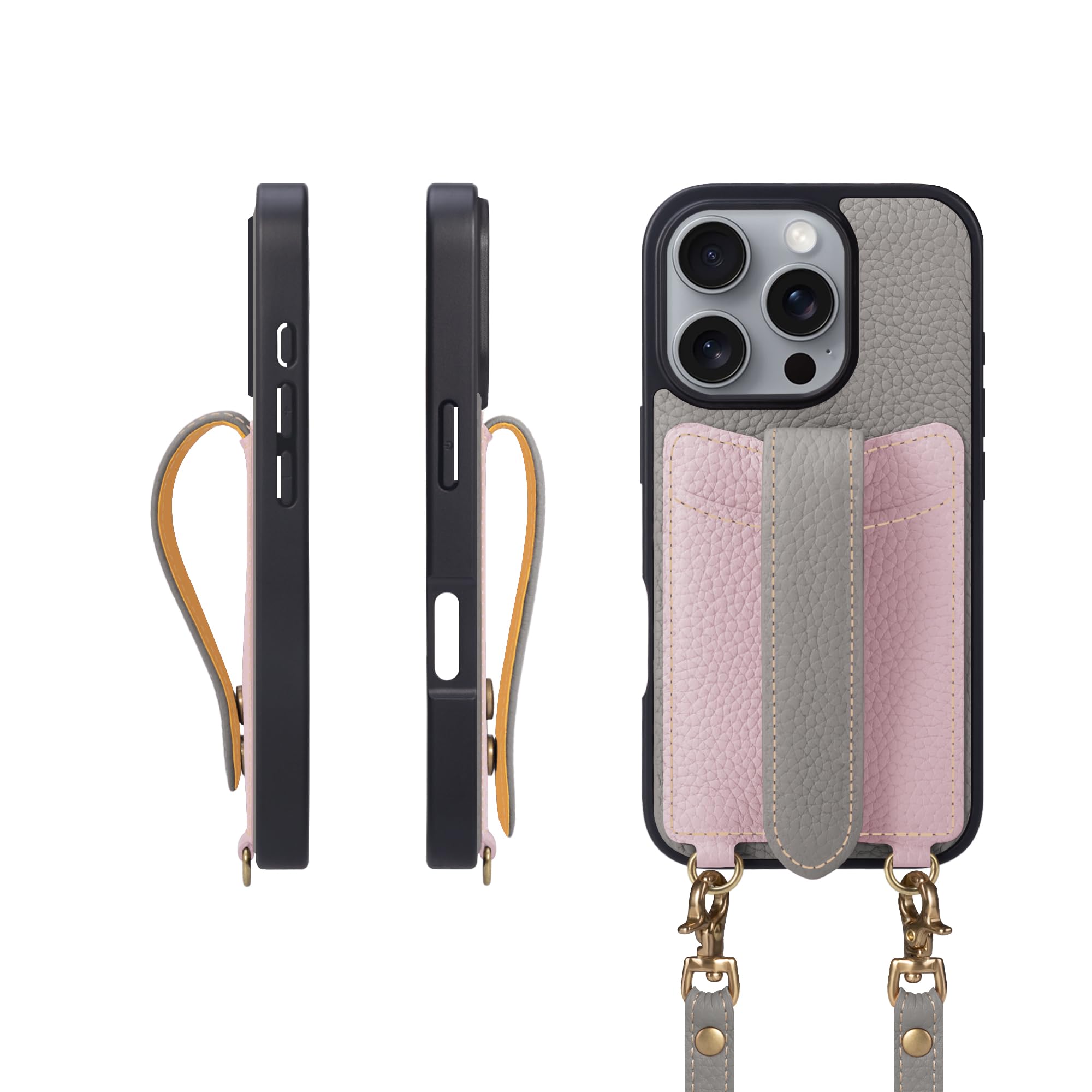 COGURE コグレ iPhone16Pro ケース ショルダーストラップ 本革 カード収納 落下防止 耐衝撃 ギフトボックス付き COPGC グレージュ+ピンク【Grege+PK】