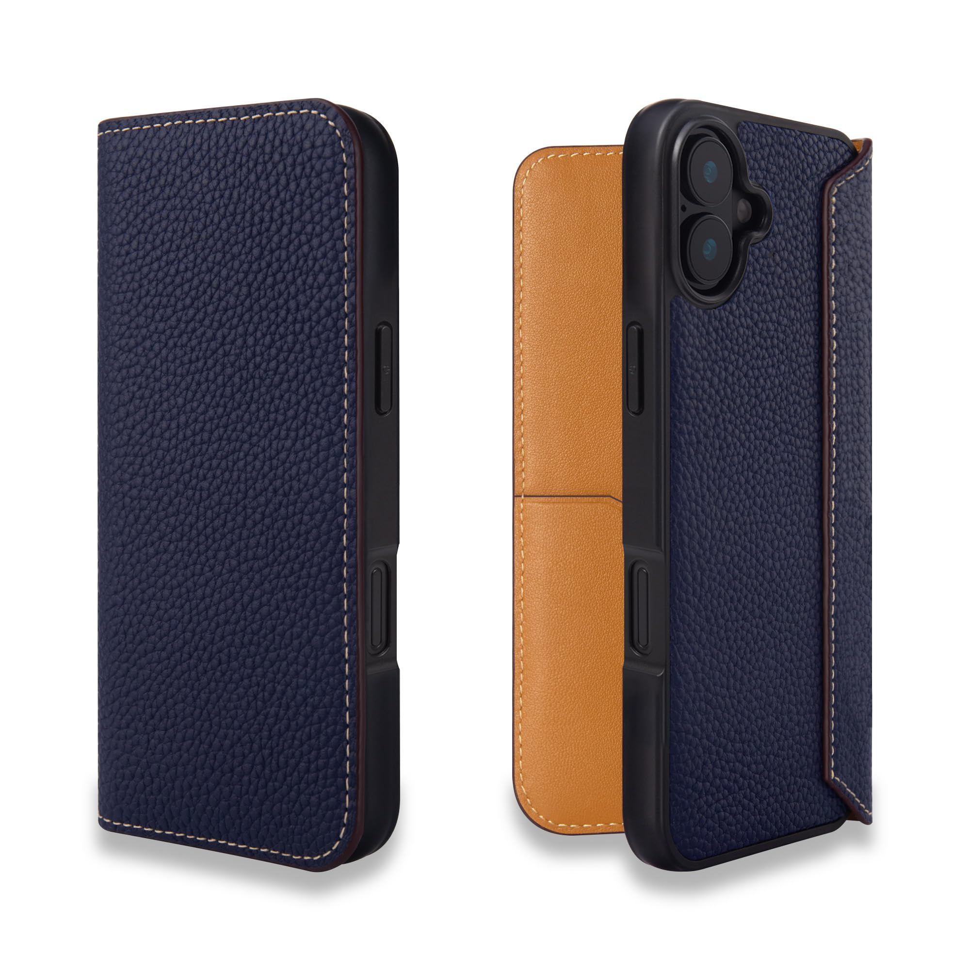 COGURE コグレ iPhone16Plus 手帳型 ケース ダイアリーケース スマホケース 本革 シュリンクカーフレザー カード入れ ABS&TPU衝撃保護ケース 耐衝撃 磁石なし ギフトボックス付き COGPH ネイビー