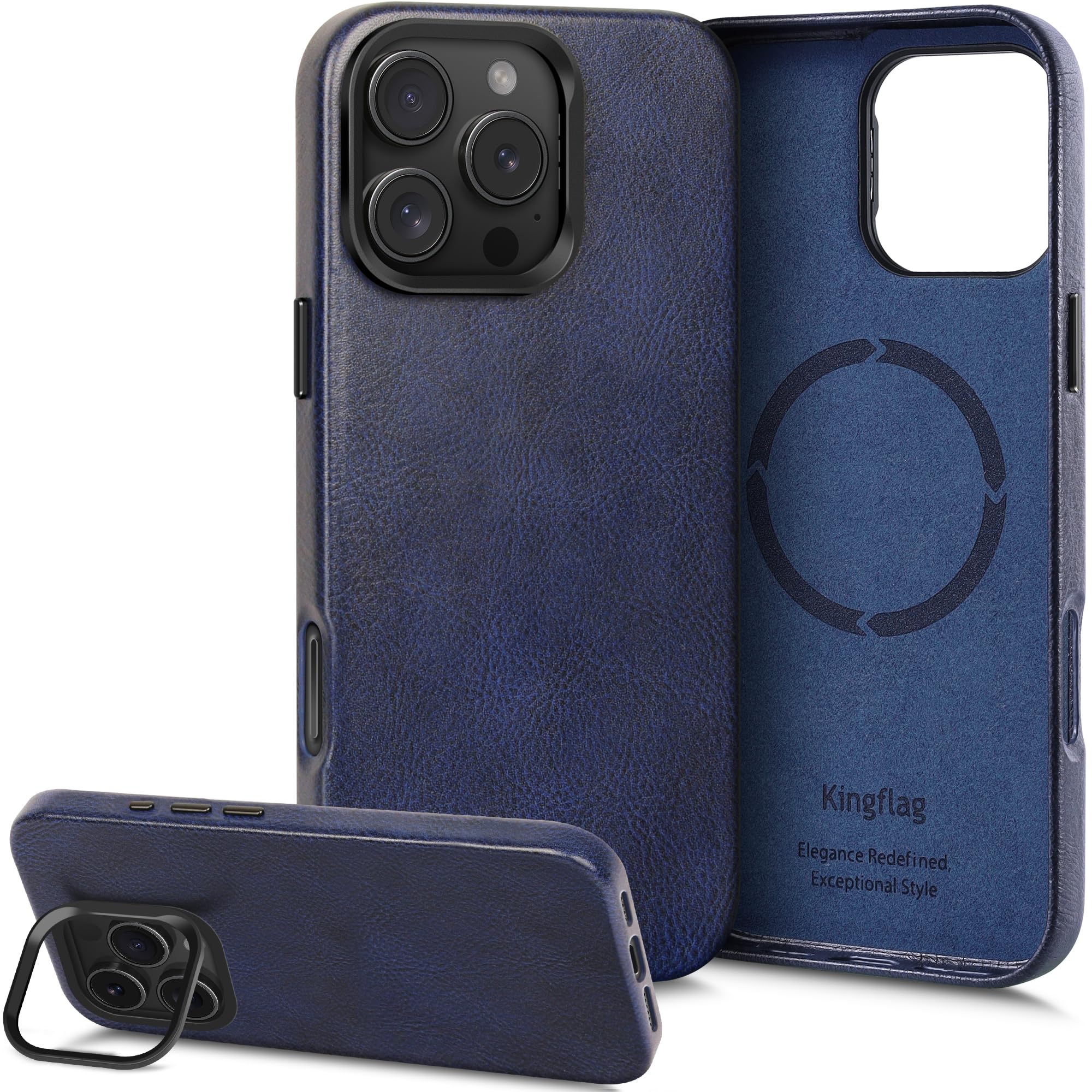 Kingflag iPhone 16 Pro Max用 本革レザーケース 調整可能な隠しスタンド MagSafe対応 ヴィンテージ風の質感オイルワックス加工牛革 レンズ保護 メタルボタンとカメラベゼル ネイビーブルー