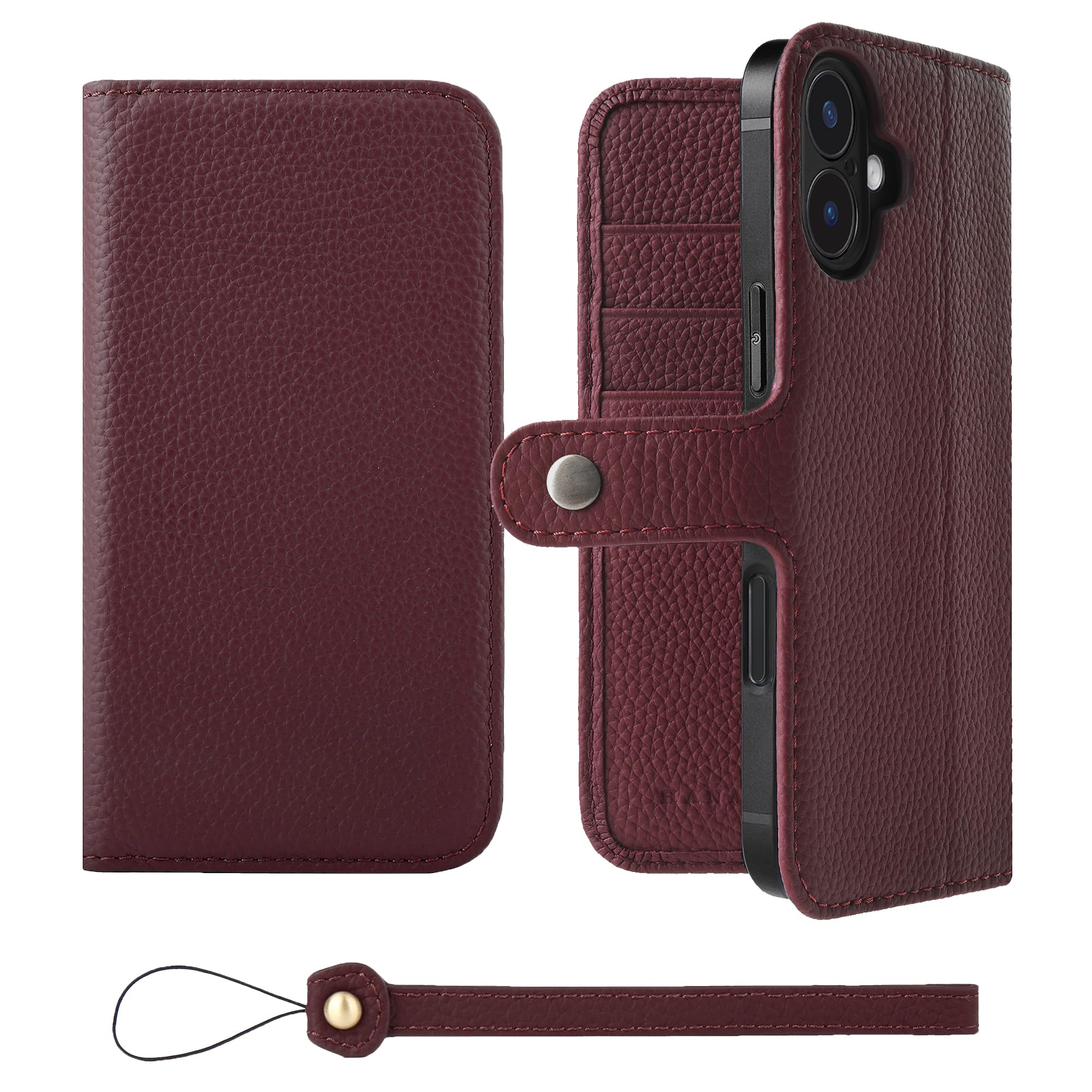 HANATORA iPhone16Plus 入れもの 万覚え帳型 本革 スマホケース スマホ 照明ランプ 同盟罷工一巡り 付き添い人 シュリンクカーフレザー 差し上げ物 胴締めあり 磁石なし ブドウ酒 H0XB-16Plus-Wine ケース・カバー-スマートフォン・タブレット-スマートフォン・携帯電話アクセサリー
