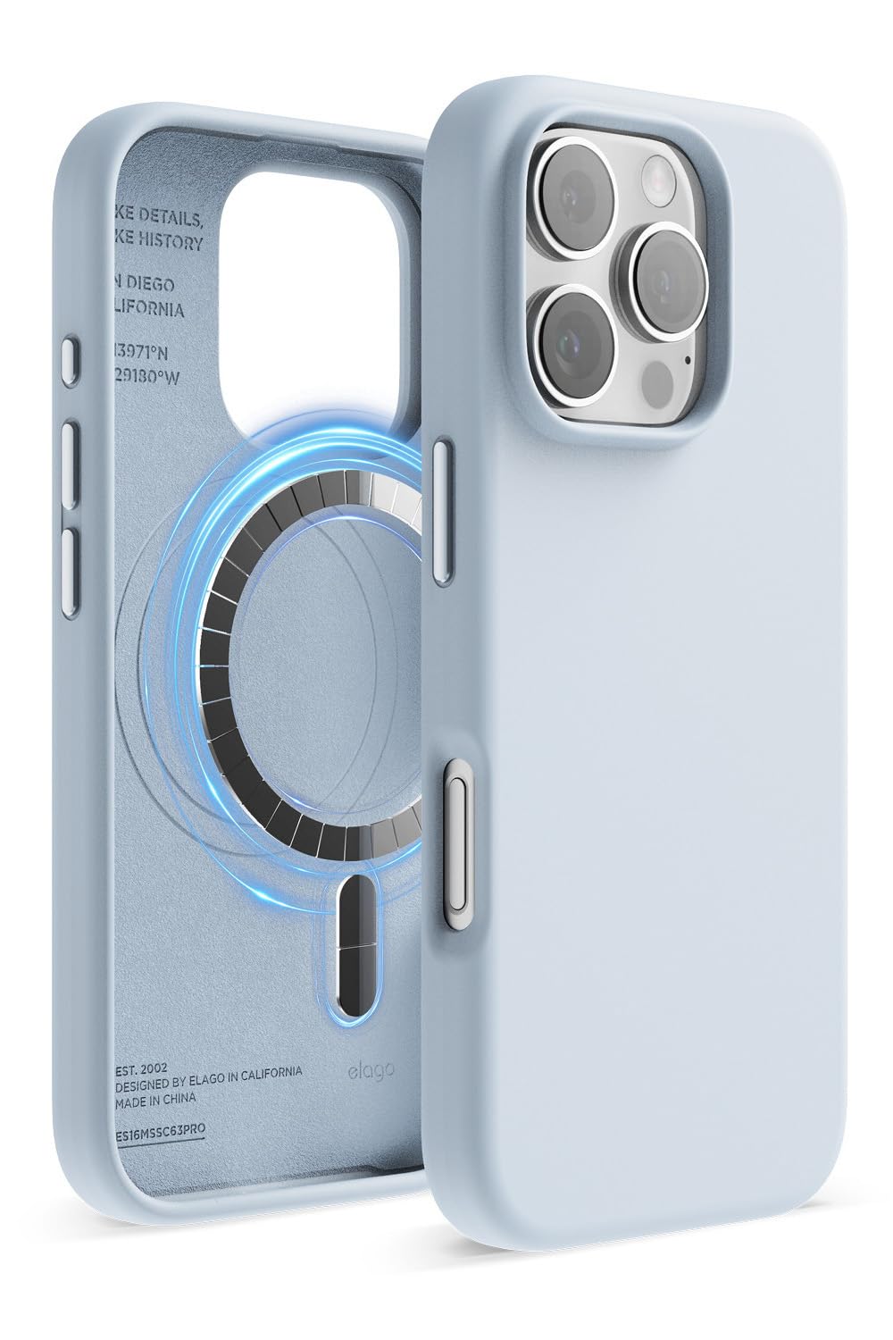 【elago】 iPhone 16 Pro 対応 ケース MagSafe 対応 シリコン 耐衝撃 スマホケース 指紋 防止 サラサラ マグセーフ シリコンケース [ iPhone16Pro アイフォン 16 プロ 対応 ] MAGNETIC SILICONE CASE ライトブルー｜WES STORE