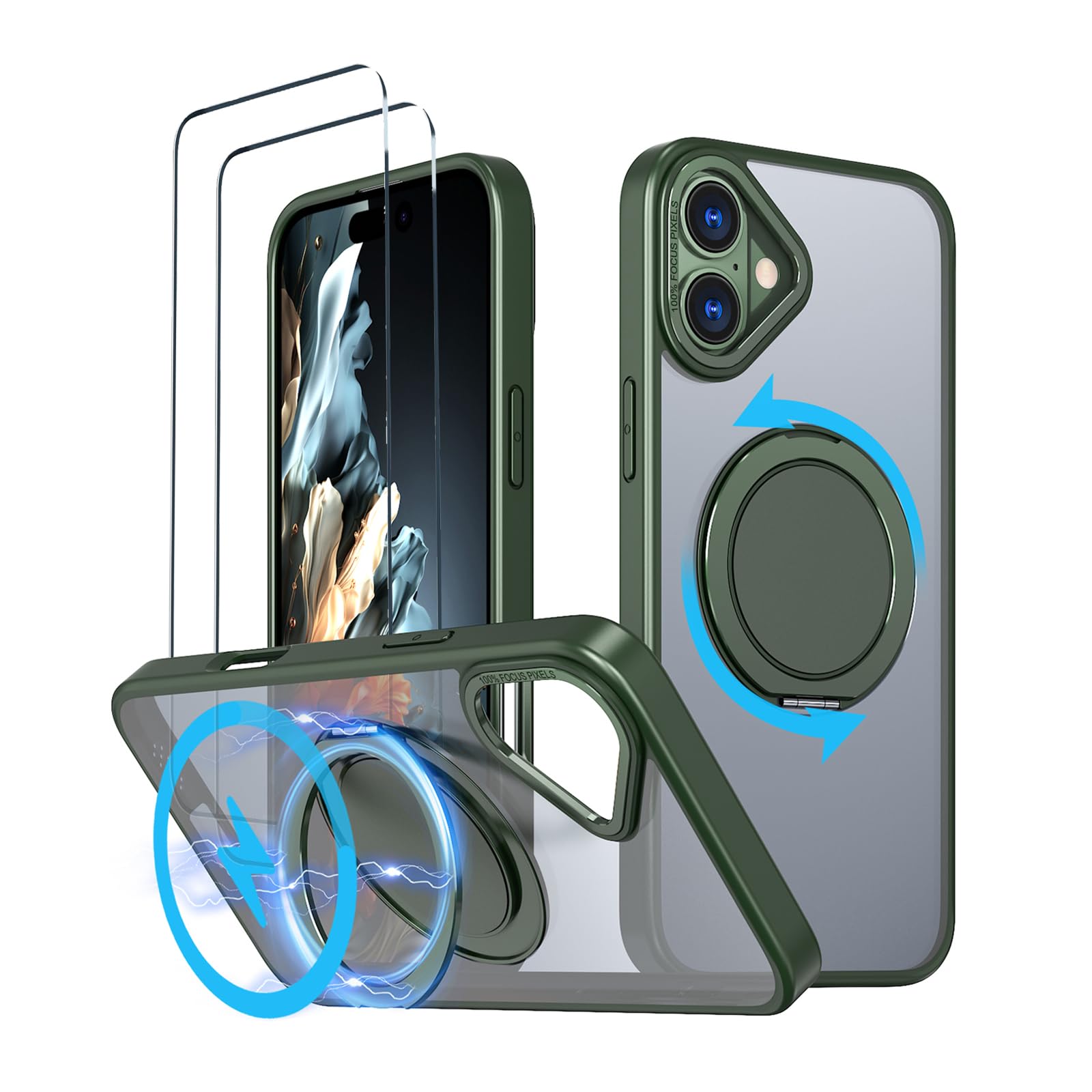 【照明ランプ役立つこと・Magsafe相応う】HCXLYP iPhone 16 入れもの 多役立つこと360度回転させる照明ランプ 縦横両相応う いphone16 入れもの MagSafe相応う アイフォン16 入れもの 無線電話申し受ける相応う 輪っか N52磁石積み上げる 米軍MIL規
