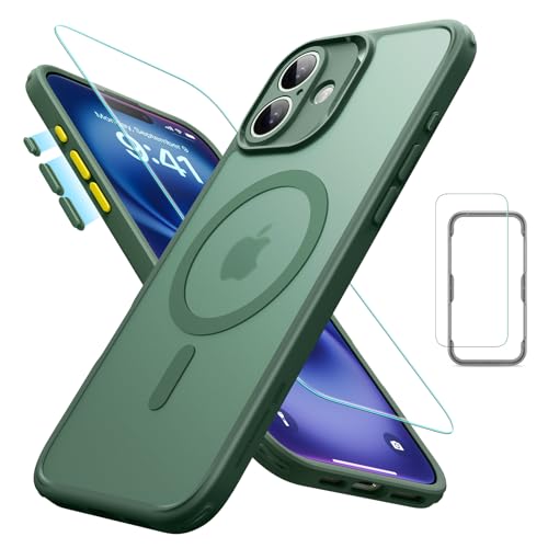 【米軍MIL規格・Magsafe対応】ESR iPhone 16 Plus ケース (4 in 1) セット 半透明マットケース スクリーン保護フィルム付き MagSafe対応 軍事保護規格保護力 Classicシリーズ つや消しグリーン