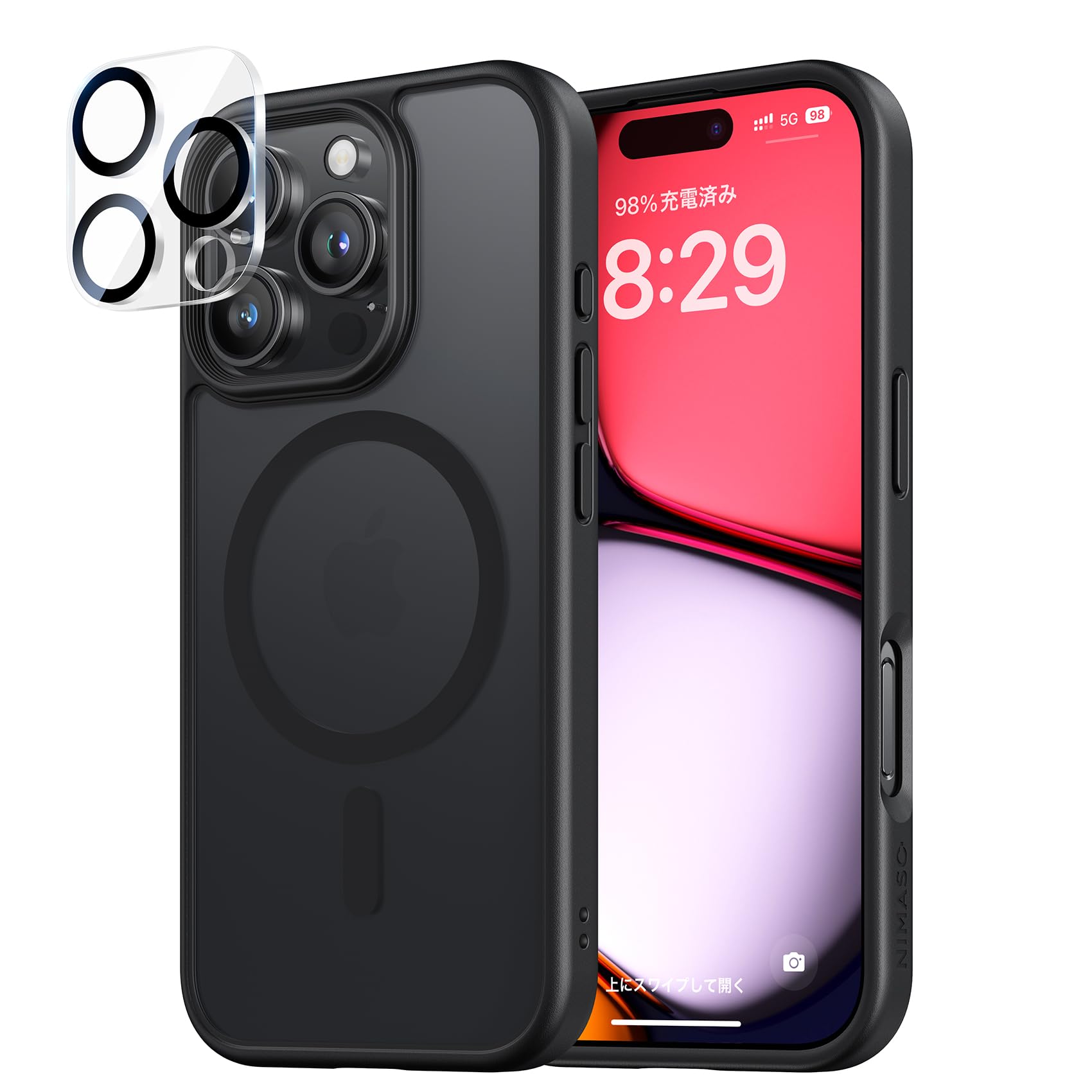 NIMASO iPhone16Pro用 ケース ケース+カメラフィルム MagSafe対応 1枚セット カメラレンズ マグセーフ対応 滑り止め マット仕上げ 全面保護 いPhone16Pro対応 耐衝撃 米軍MIL規格 ワイヤレス充電 ストラ