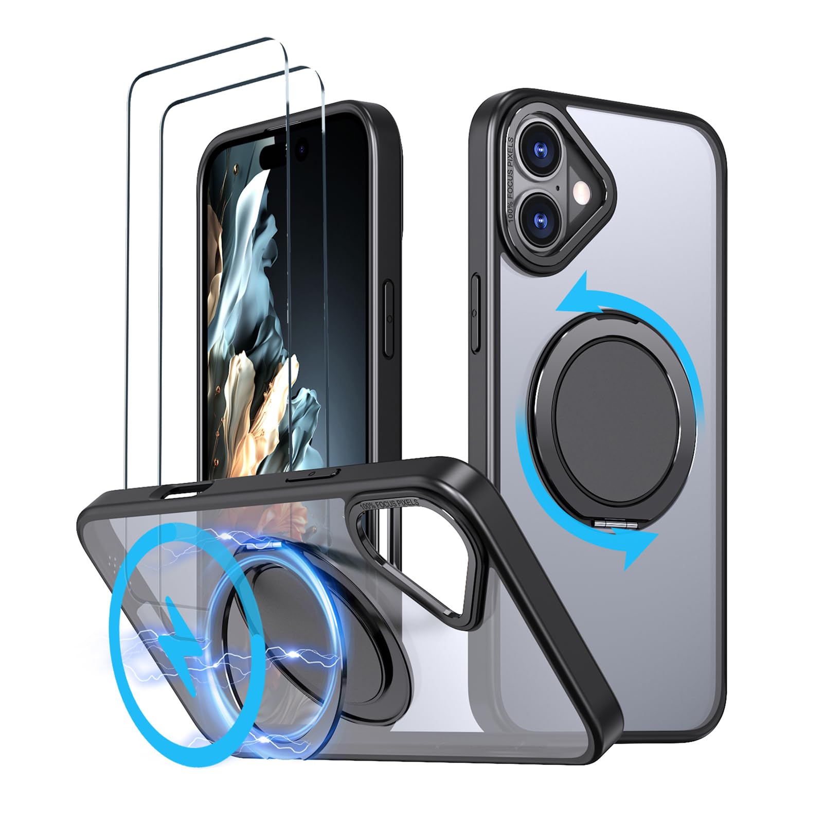 【照明ランプ役立つこと・Magsafe相応う】HCXLYP iPhone 16 容れもの 多役立つこと360度回転させる照明ランプ 縦横両相応う いphone16 容れもの MagSafe相応う アイフォン16 容れもの 無線電話申し受ける相応う 輪っか N52磁石積み上げる 米軍MIL規
