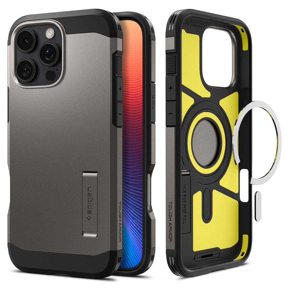 【17年社歴の技術力】Spigen iPhone 16 Pro Max ケース MagSafe対応 マグネット搭載 スタンド マット 耐衝撃 米軍MIL規格 タフ・アーマー（AI）・マグフィット ACS08012 (ガンメタル)