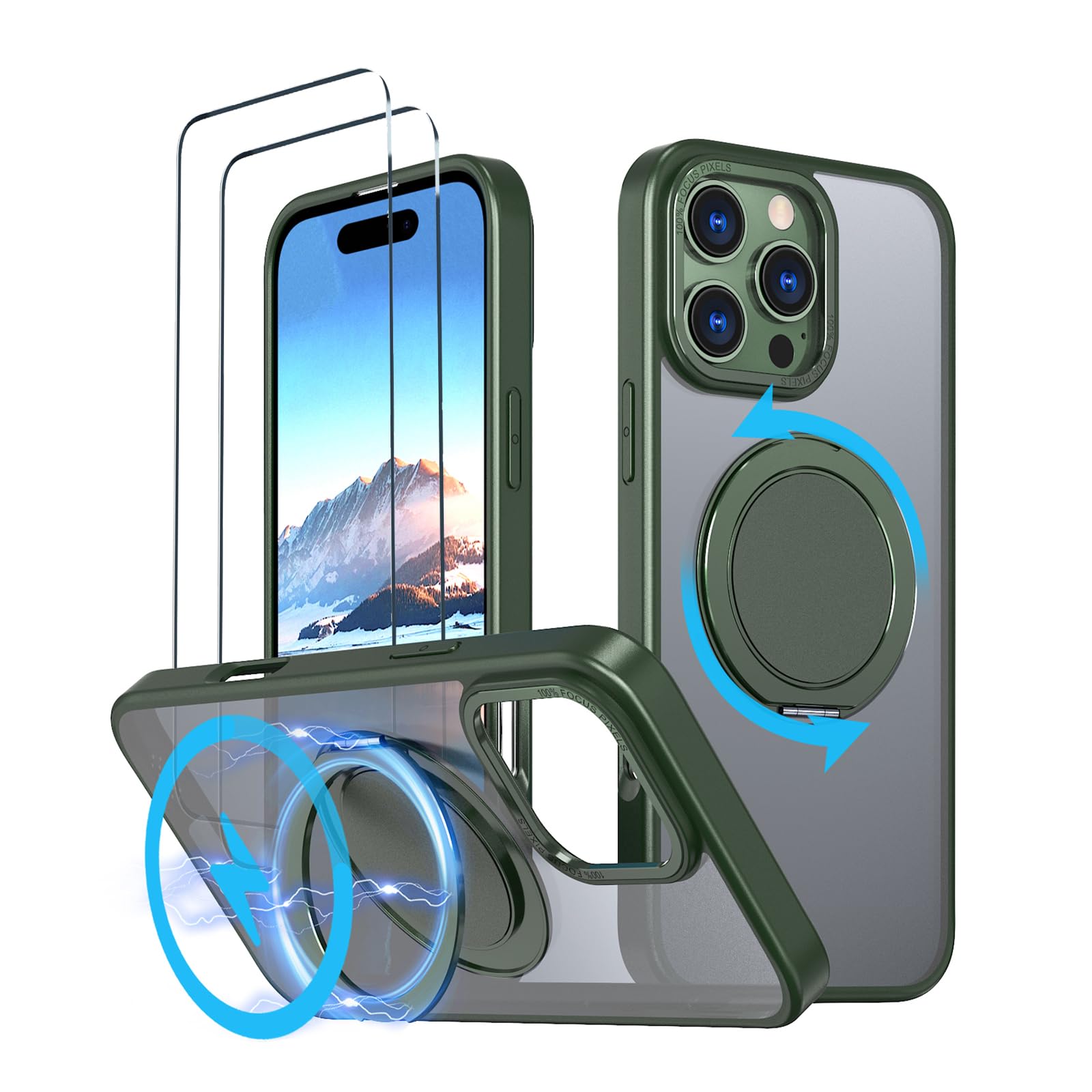 【照明ランプ役立つこと・Magsafe相応う】HCXLYP iPhone 16 Pro 入れもの 多役立つこと360度回転させる照明ランプ 縦横両相応う いphone16Pro 入れもの MagSafe相応う アイフォン16労働者階級 入れもの 無線電話申し受ける相応う 輪っか N52磁石積み上げる