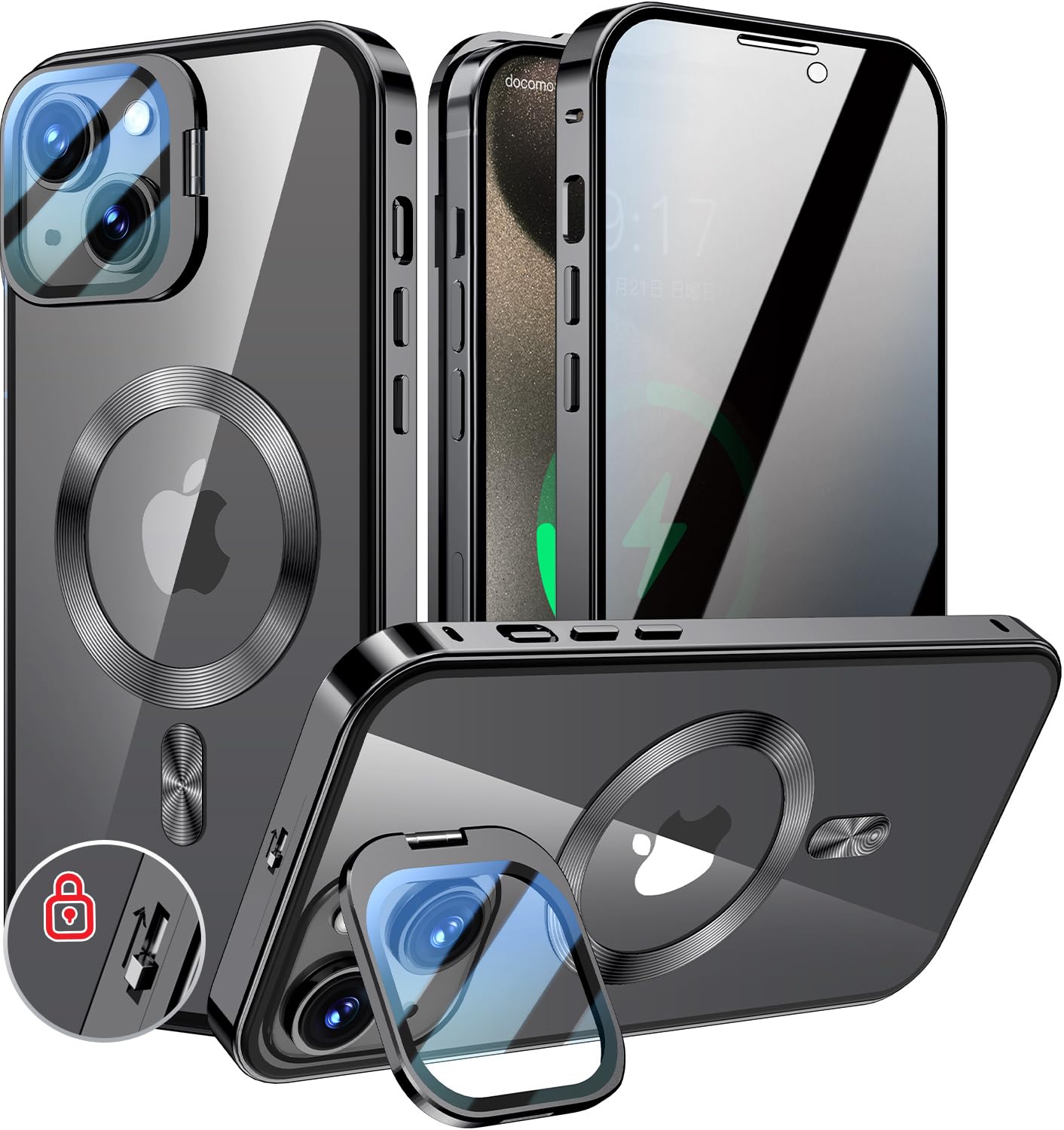 KELLCASE【カメラレンズ保護・スタンド+覗き見防止+MagSafe対応 】iPhone 15 用 ケース 全面保護 隠しスタンド付き ロック付き 両面 マグネット式 アイフォン 15 カバー ストラップホール付き透明