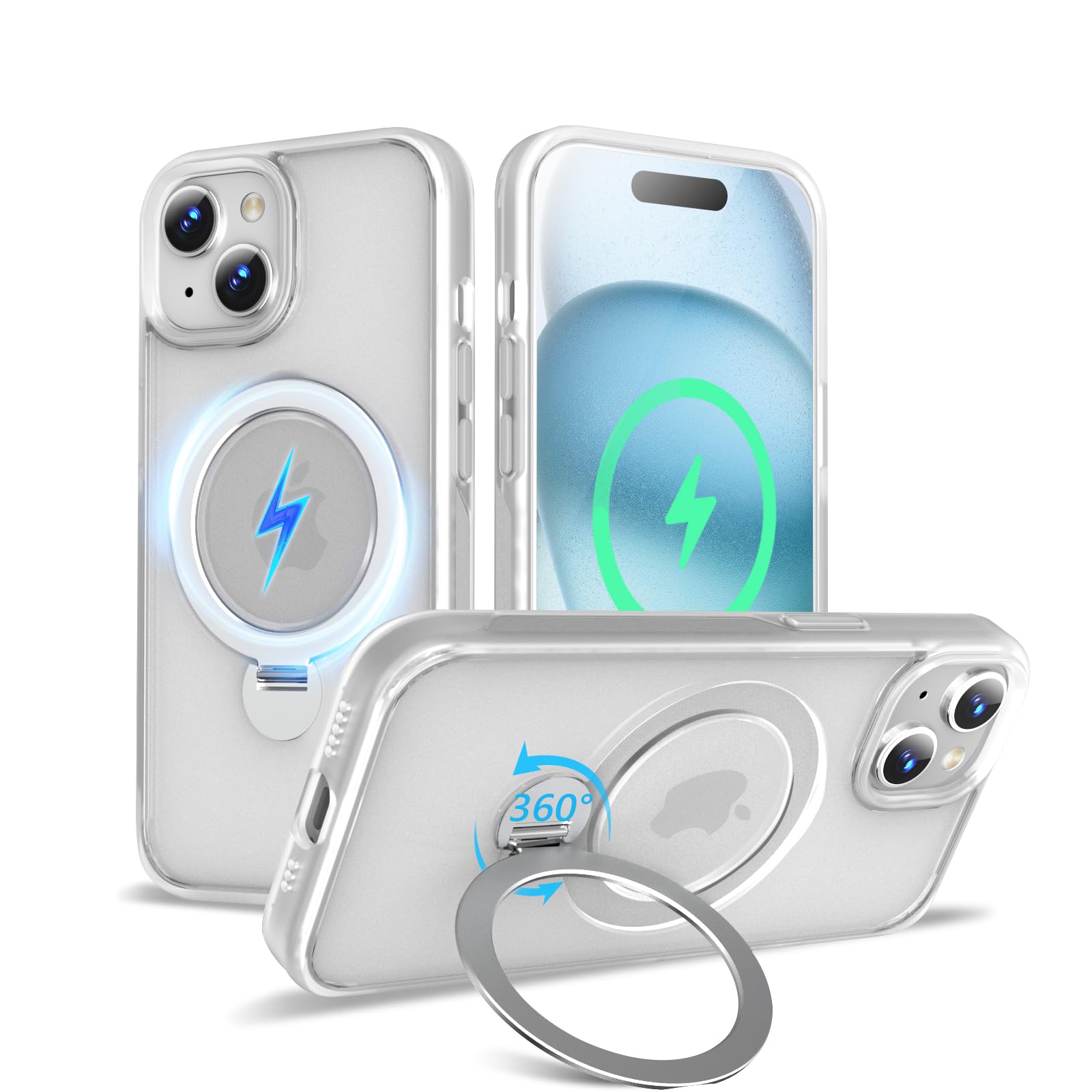 【2024新開発・定点360度回転スタンド】KWATUNG iphone 15 plus 用 ケース MagSafe対応 ワイヤレス充電対応 いphone15plus 用ケース 隠し収納式スタンド 横縦両立 角度調整 iphone15プラス用ケース リング