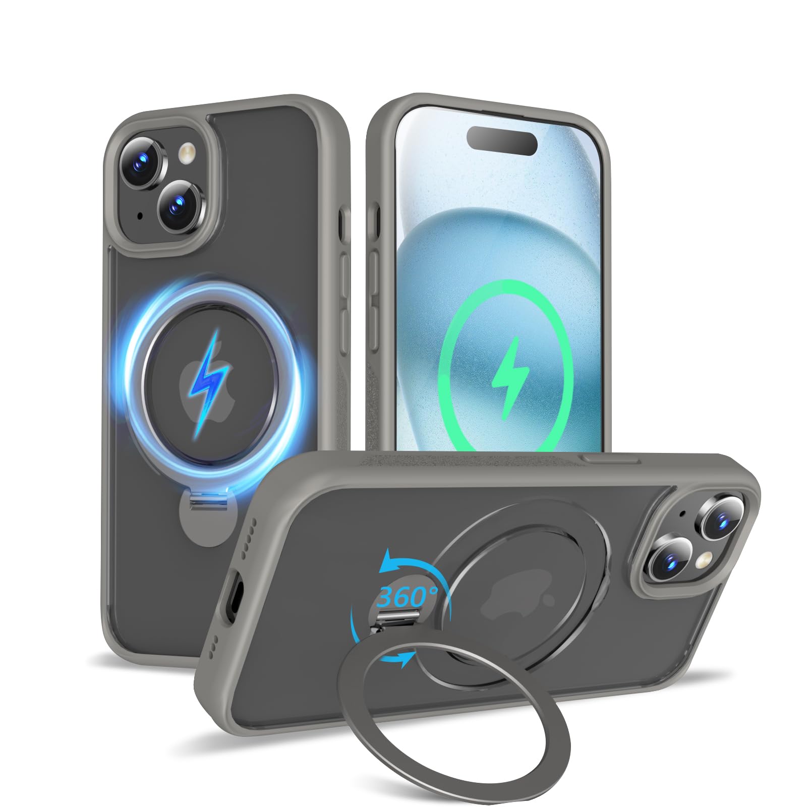 【2024新開発・定点360度回転スタンド】KWATUNG iphone 15 用 ケース MagSafe対応 ワイヤレス充電対応 アイフォン15 用 ケース 隠し収納式スタンド 横縦両立 角度調整 スマホケース iphone 15 用 リング