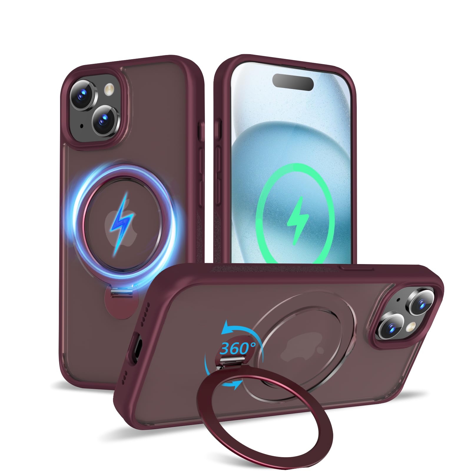 【2024新開発・定点360度回転スタンド】KWATUNG iphone 15 用 ケース MagSafe対応 ワイヤレス充電対応 アイフォン15 用 ケース 隠し収納式スタンド 横縦両立 角度調整 スマホケース iphone 15 用 リング