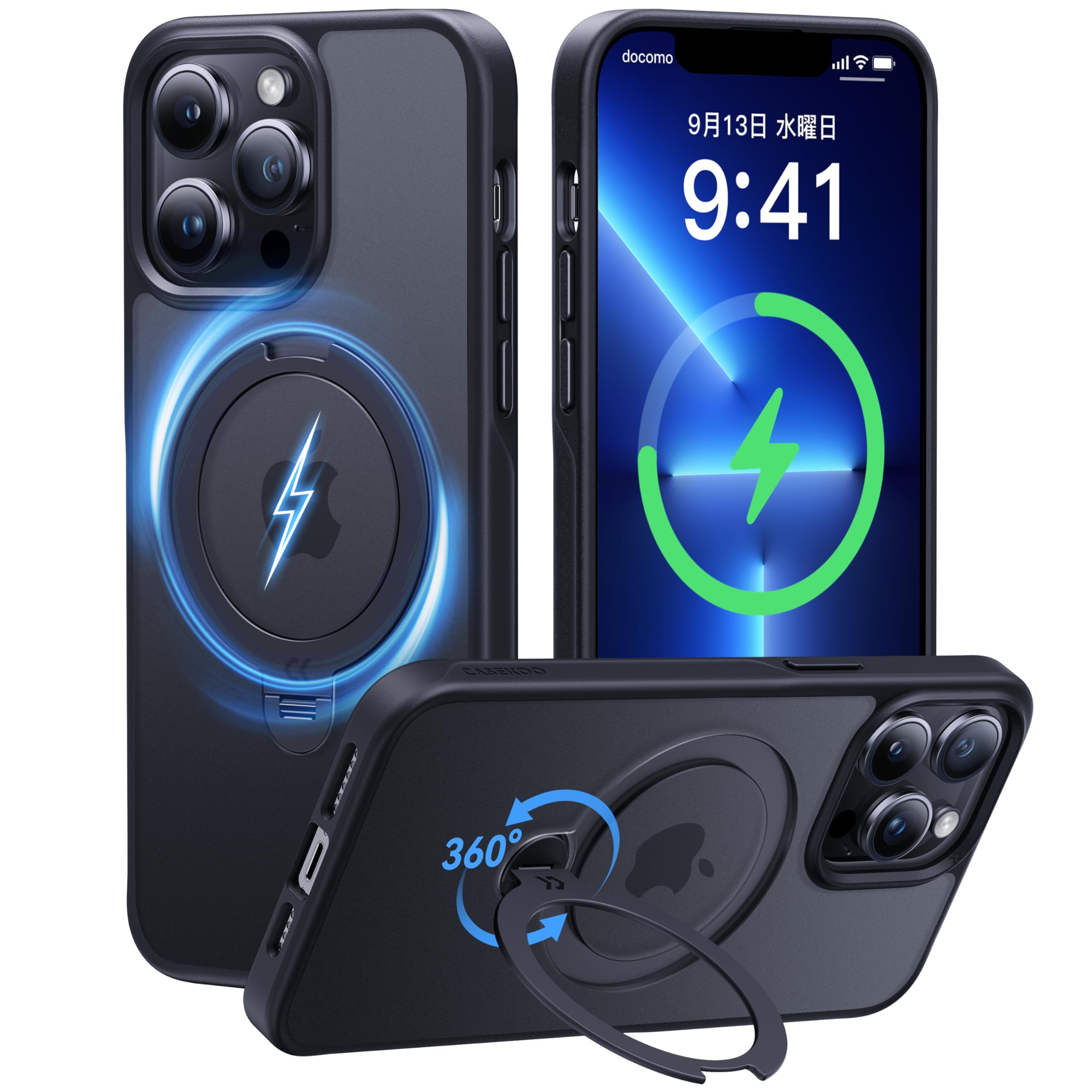 【2024最高傑作&定点360度回転】CASEKOO iPhone 13Pro Max 用 ケース 超強磁力 米軍MIL規格 耐衝撃 高耐久性【横縦両立・角度調整】指紋防止/マット仕上げ/黄変防止/薄型半透明 スマホカバー レンズ