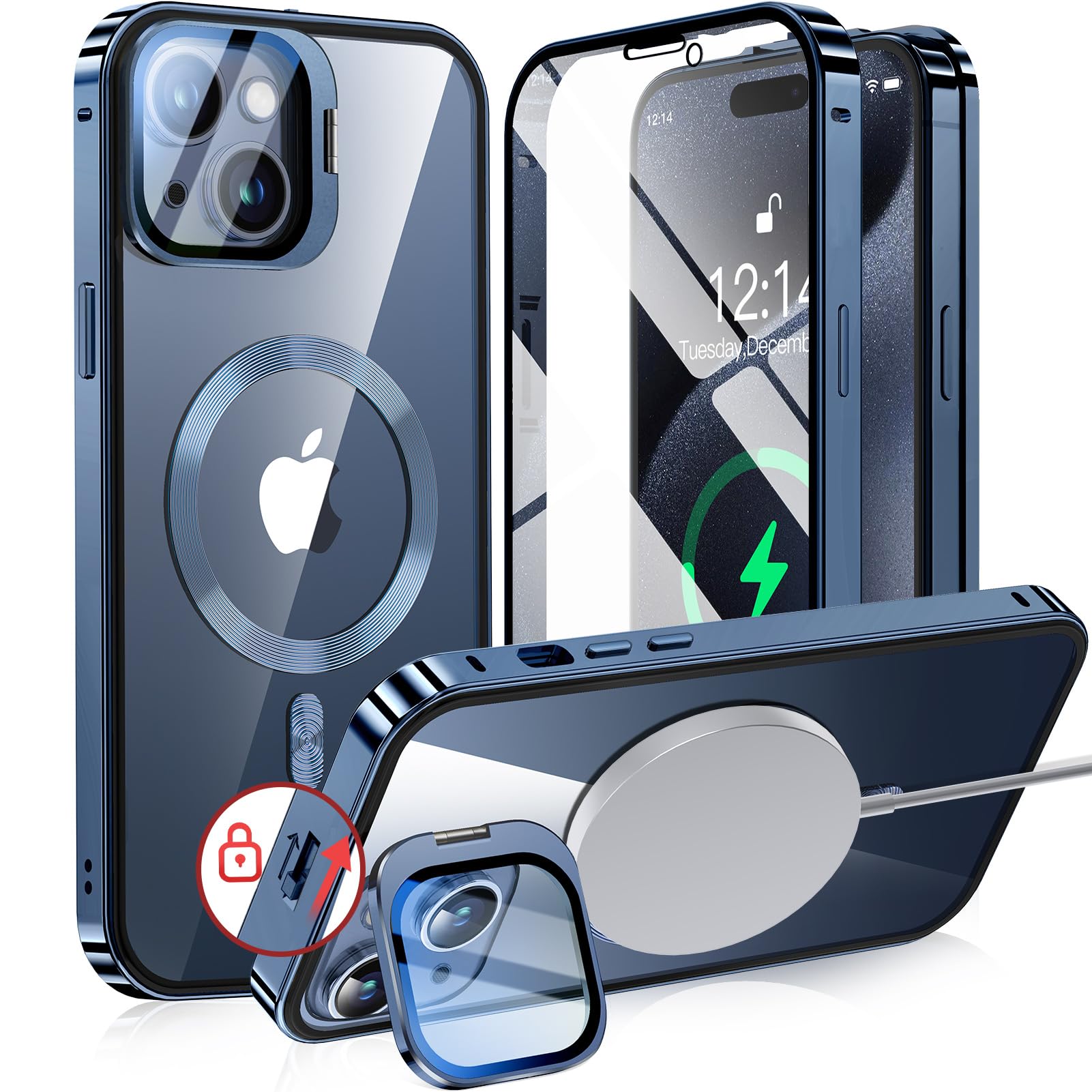 【カメラレンズ保護・スタンド一体】NIANGUO iPhone15 用 ケース MagSafe対応 クリア 両面 【ロック付き・アクションボタン】 隠しカメラスタンド アイホン15ケース 9H強化ガラス メタルフレーム
