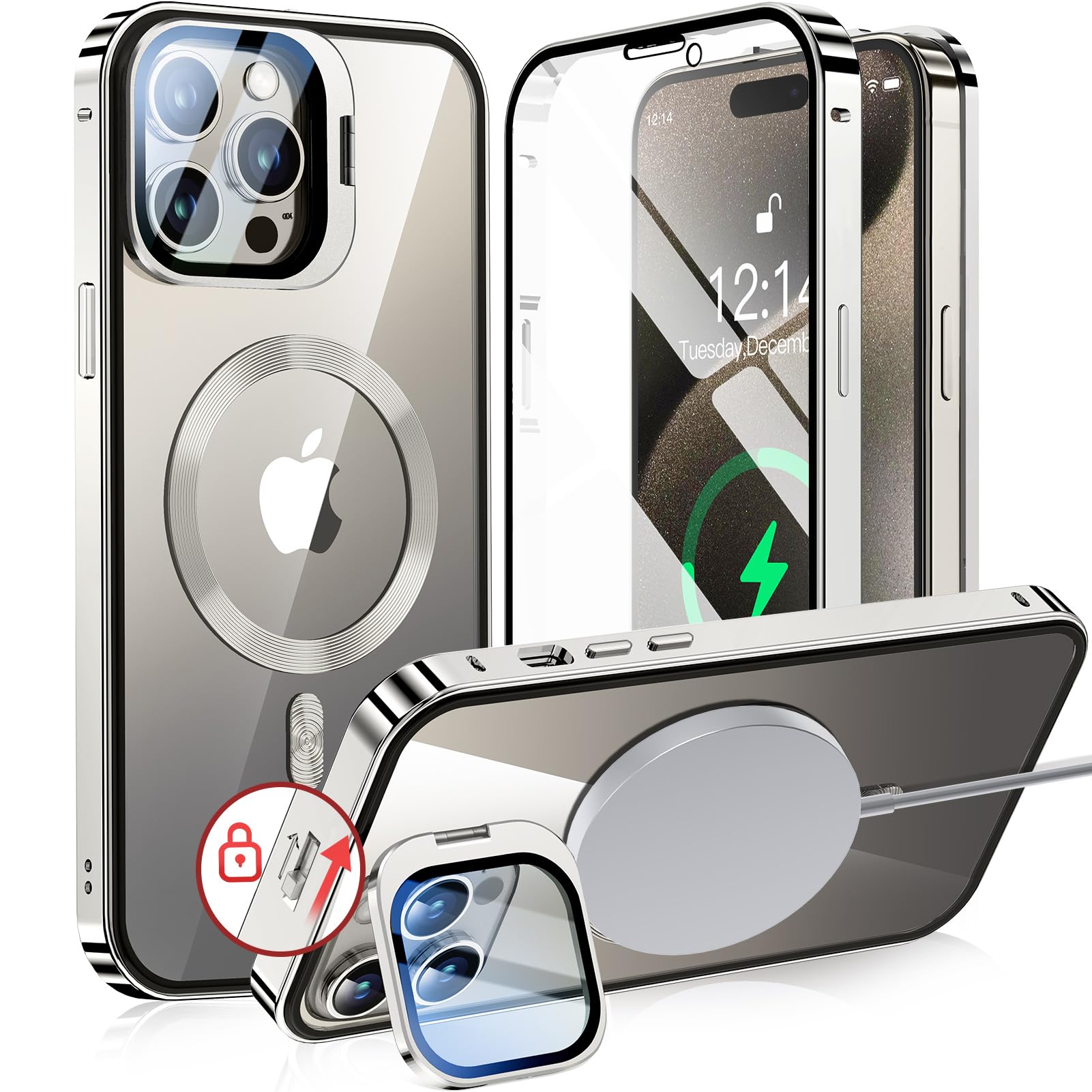 【カメラレンズ保護・スタンド一体】NIANGUO iPhone15 Pro Max 用 ケース MagSafe対応 クリア 両面 【ロック付き・アクションボタン】 隠しカメラスタンド アイホン15プロマックスケース 9H強化ガラ