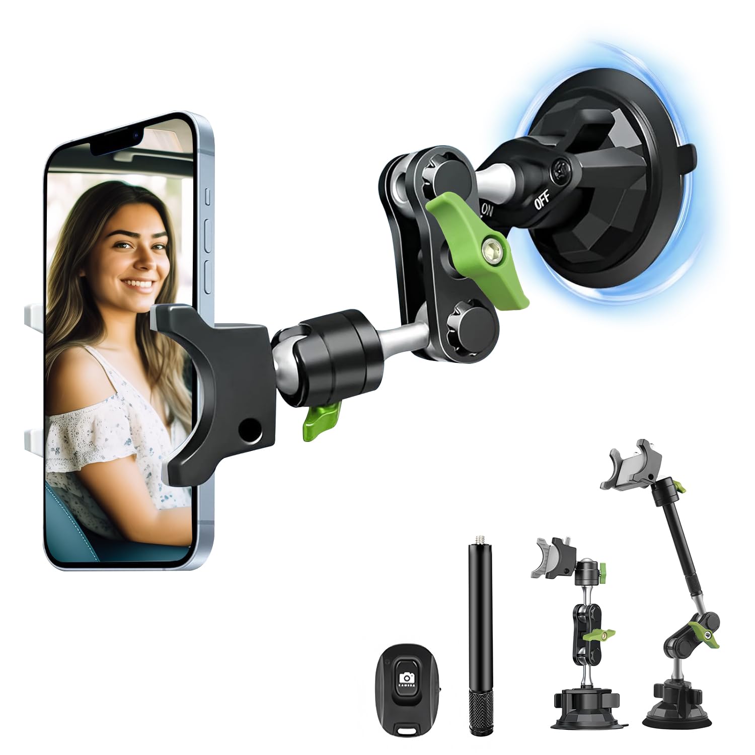Hemmotop スマホホルダー 車 吸盤式 車載ホルダー 超強力真空吸盤 洗える 耐荷重5kg 車載カメラマウント 360度自由回転 延長ポール付き フロント・天窓・サイドのガラスに吸着 内装を痛めない
