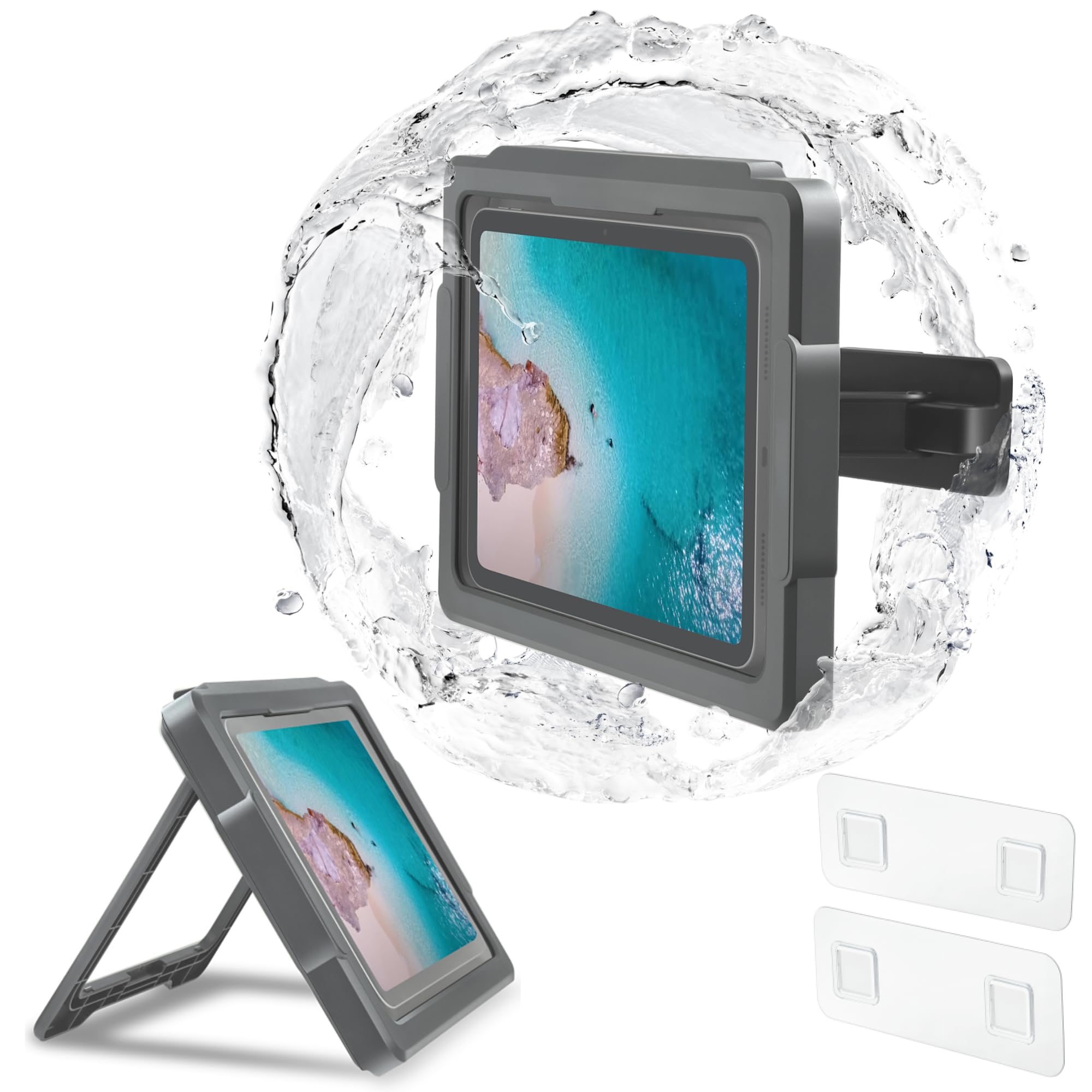 HOMEhome タブレット 防水ケース iPad お風呂 360度回転 角度調節 前後 左右 スマホ兼用 11インチ 10インチ 9インチ 壁掛け スタンド 防霧 (ブラックグレー)|WES STORE