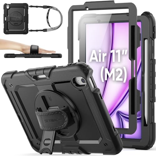 SEYMAC stock 2024年 11iniPad Air(M2)耐衝撃入れもの 保護すること写真フィルム付き添い人 書き込み納める 360°回転させる照明ランプ ハンドストラップ ストラップ 全面保護すること押しかぶせる iPad Air 11 2024専用型（黒いこと）