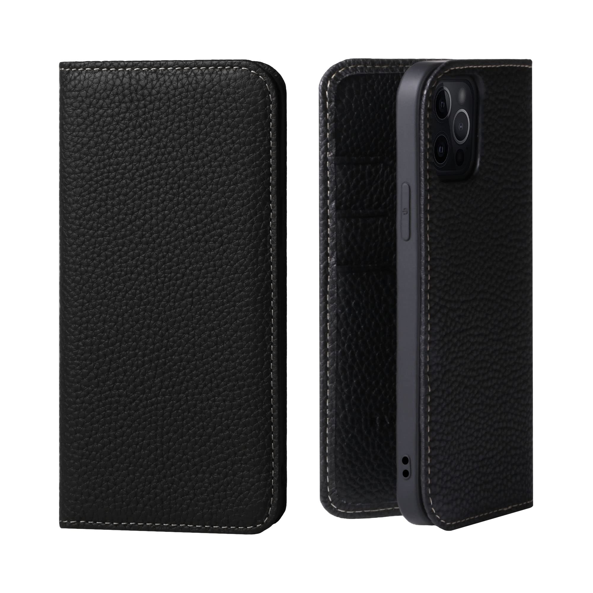 HANATORA iPhone15Pro 入れもの 万覚え帳型 本革 スマホケース スマホ 照明ランプ 吊りひも保持者 付き添い人 シュリンクカーフレザー 差し上げ物 磁石なし 黒いこと PH-15Pro-Black