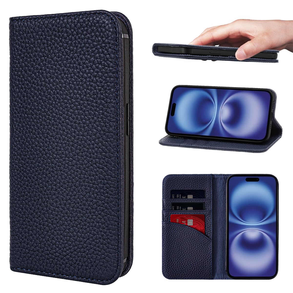 NanHou iPhone 16 ケース 本革 手帳型 カバー 耐衝撃 保護 カバー 本革 内蔵マグネッ RFIDト 財布型 携帯カバー カードポケット スタンド機能 - ロイヤルブルー|WES STORE