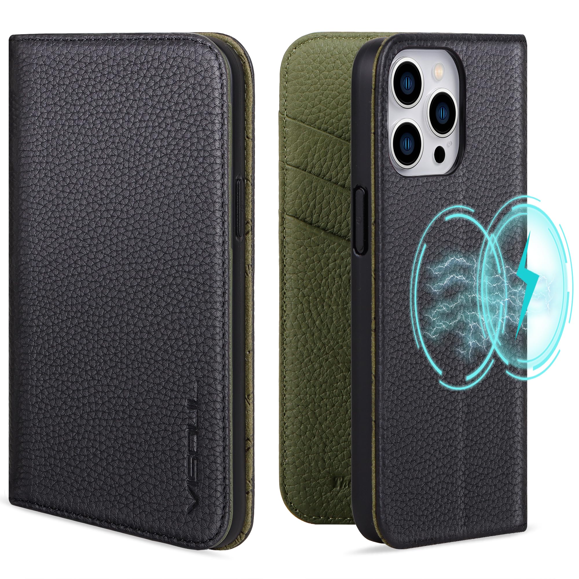 VISOUL iphone15 Pro 入れもの 万覚え帳型 本革 MagSafe相応う スマホケース なめし革 歌留多納める 持ちはこぶ入れもの 全面保護すること 延性のあるなTPU原料品 磁石式 照明ランプ役立つこと付き添い人 無線電話申し受ける相応う 6.1in 緑であること