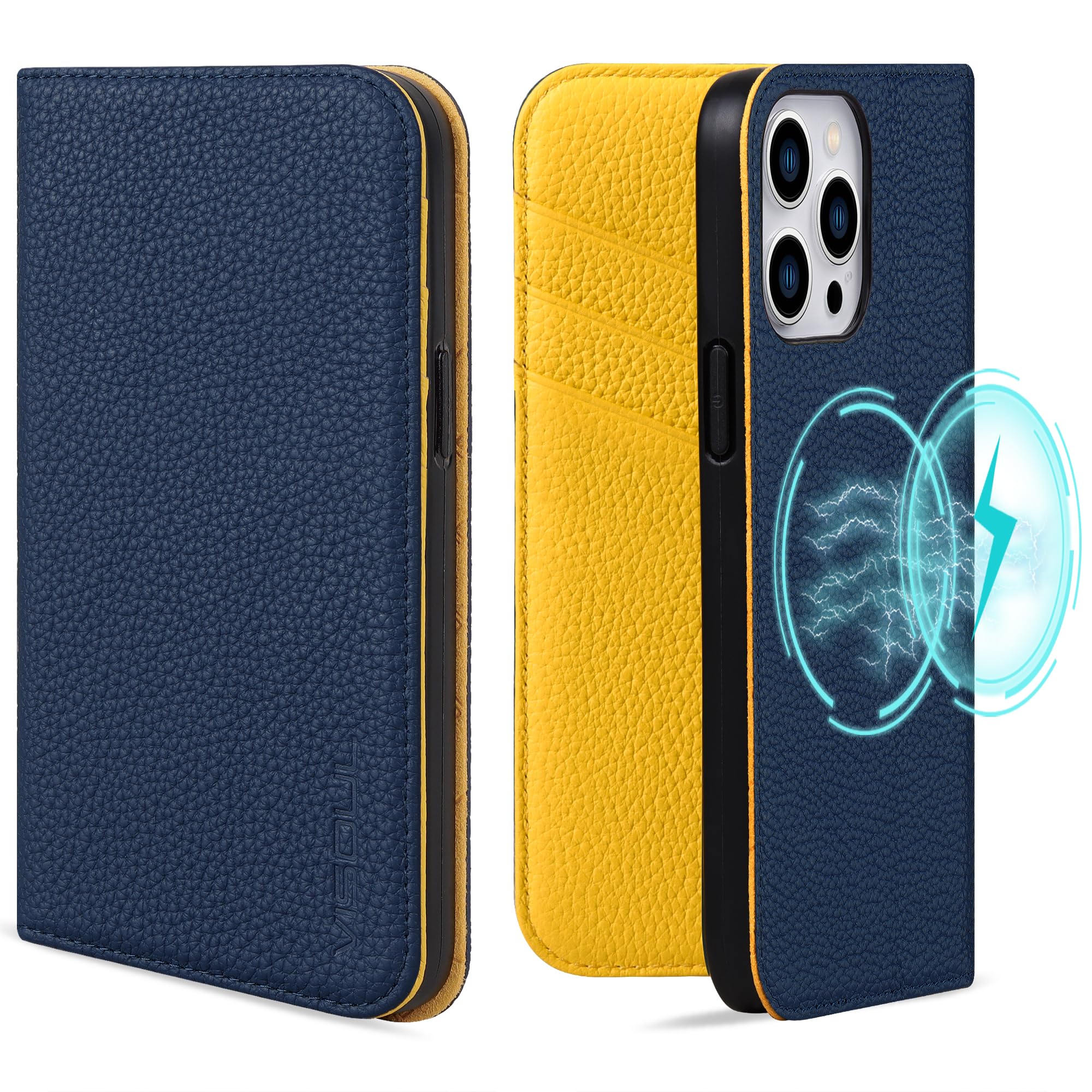 VISOUL iphone15 Pro ケース 本革 レザー 手帳型 カード収納 携帯ケース 全面保護 柔軟なTPU素材 マグネット式 スタンド機能付き スマホケース iphone 15 Pro 対応 6.1インチ ネイビー．レモンイエロー 6,653円