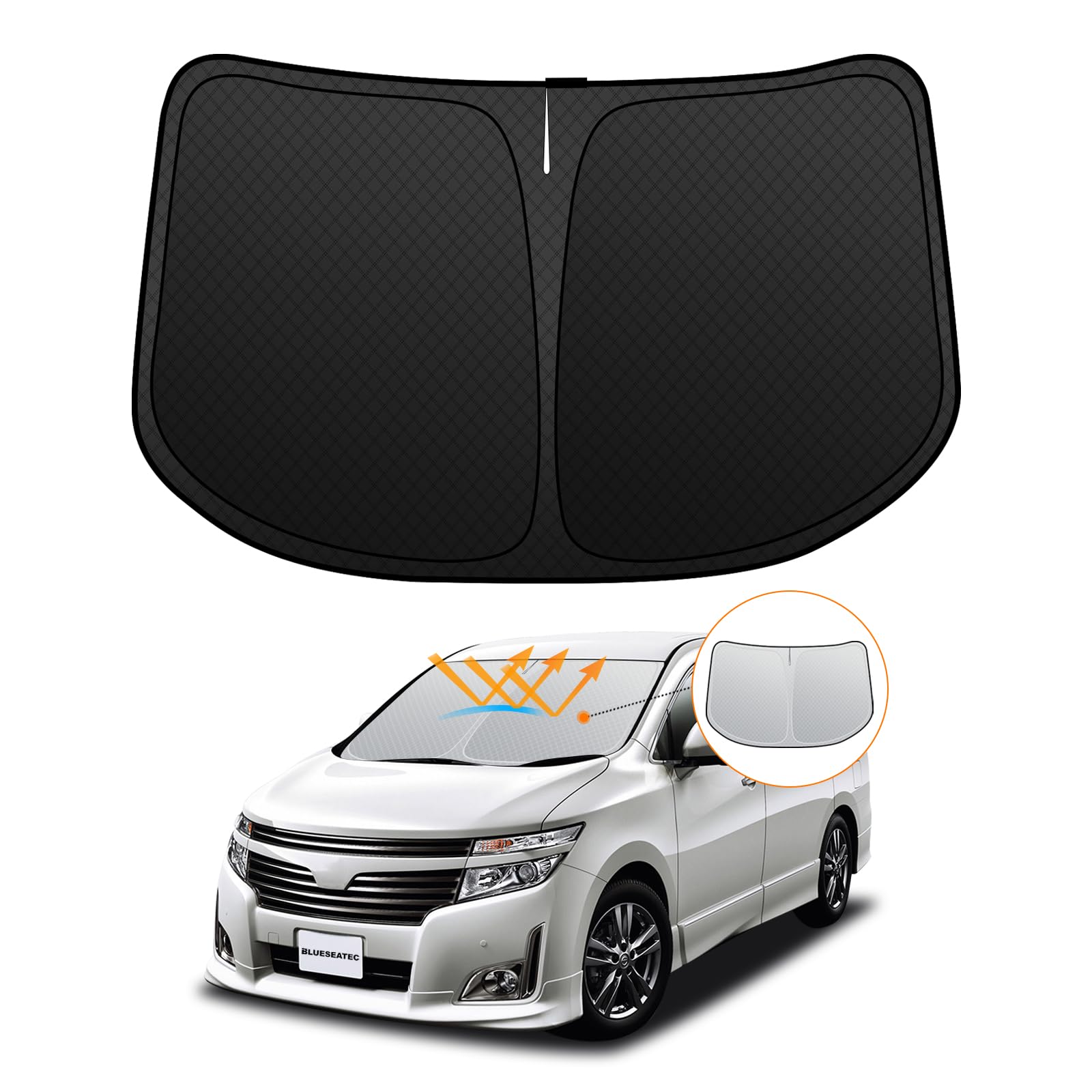 【強化版】日産 エルグランド 52系 フロントガラスサンシェード 3代目 ELGRAND H22.8-現行 UVカット 吸盤不要 遮光断熱 夏 紫外線 UVカット 簡単着脱 内装パーツ 車種専用設計 折り畳み式 収納袋｜WES STORE
