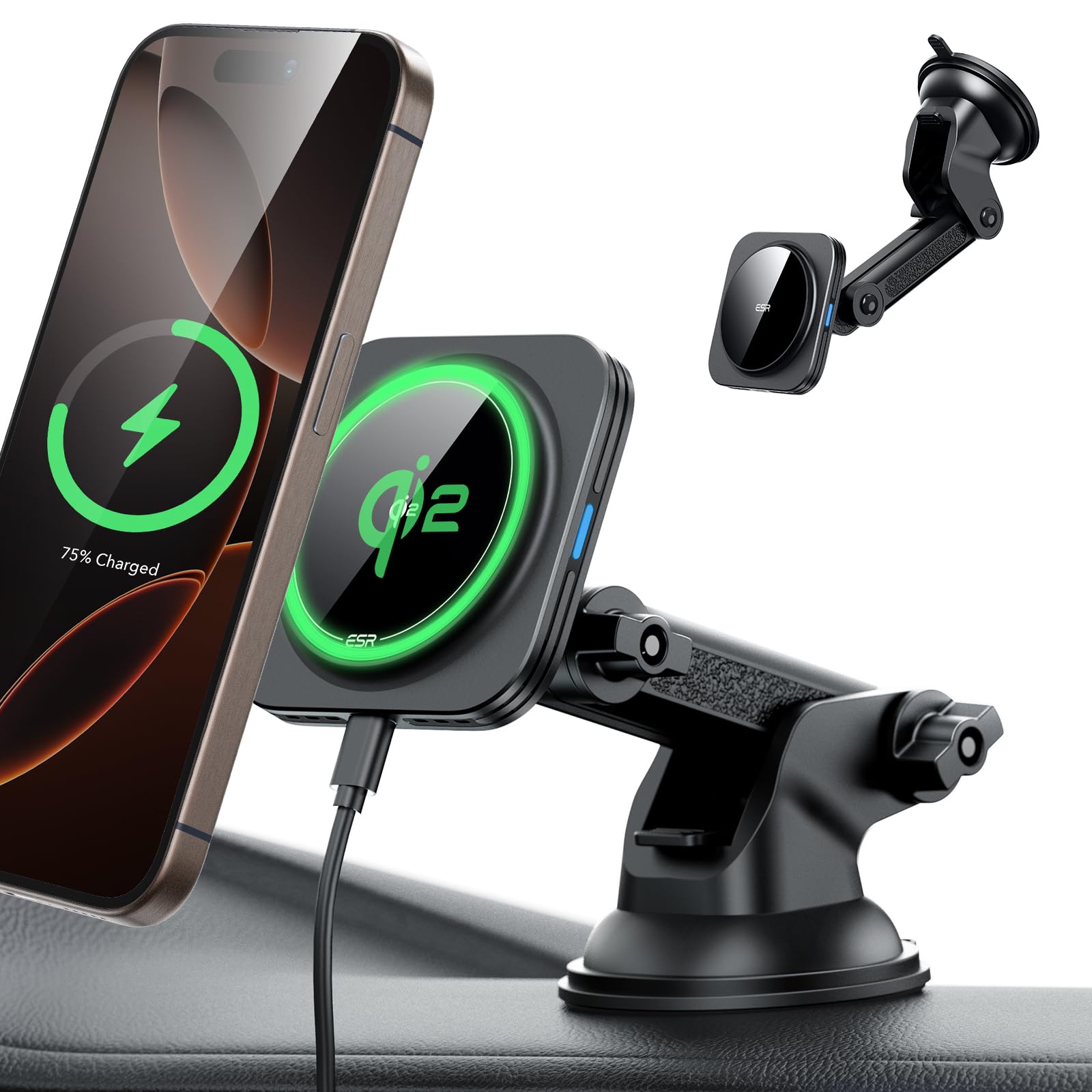 ESR Qi2 15W充電 magsafe 車載 スマホホルダー 車 Qi2認定magsafe充電器 ダッシュボード/風防ガラス磁気ワイヤレス車載充電器 iPhone16/15/14/13/12専用 スマホスタンド 車用 マグセーフ充電器 急速充電