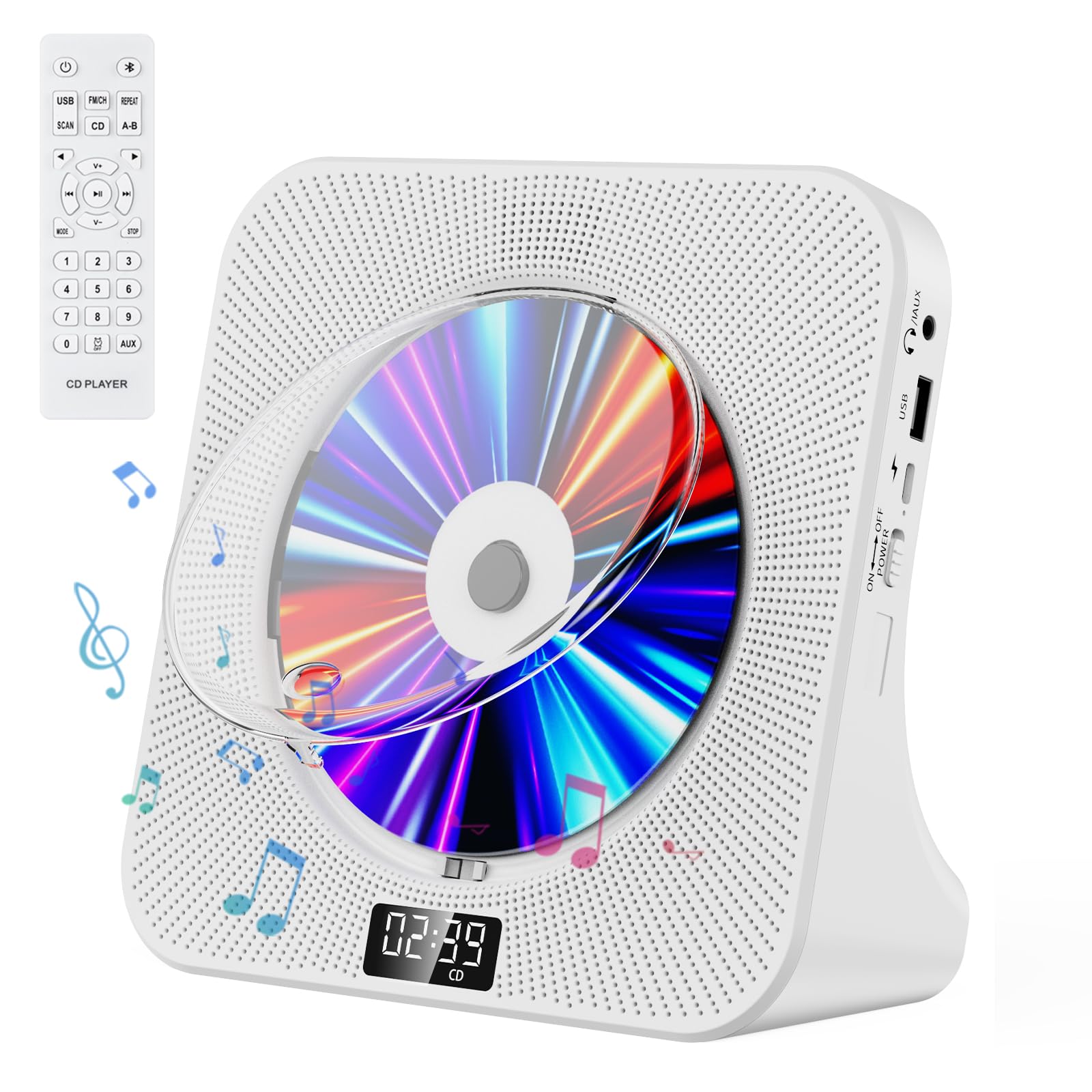 Fohil CDプレーヤー デスク Bluetooth受信/送信 HiFiスピーカー内蔵 CDプレイヤー 多機能 FM/LINE/USB再生対応 A-Bリピート再生 CDラジカセ 定時OFF機能 睡眠モード 音楽鑑賞/語学学習/胎児教育 PSE認証済
