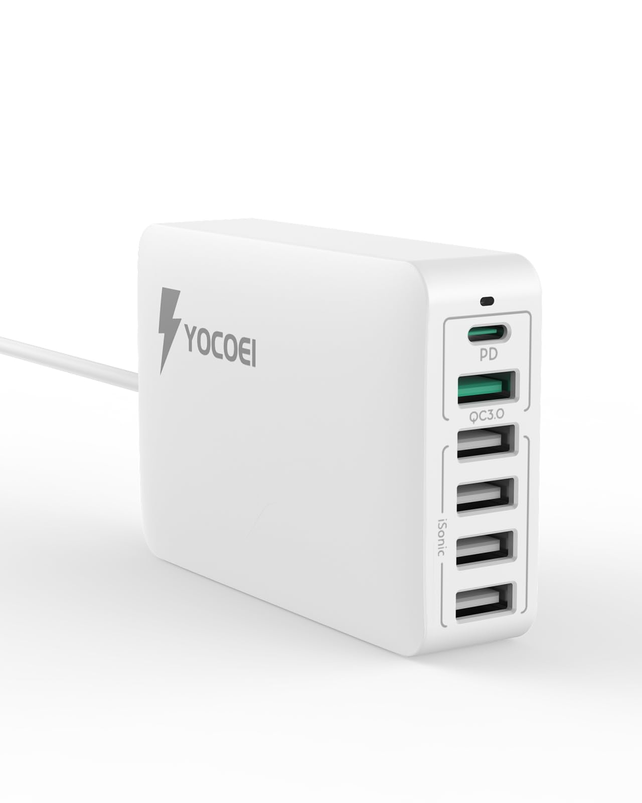 YOCOEI 60W USB急速充電器 6ポート(独自iSonic技術/USB-A×5 USB-C×1/6台同時充電/PSE認証済み)USBコンセント PD充電器 iPhone15/iPad/Galaxy/Xperia/Android タブレット対応 (ホワイト)
