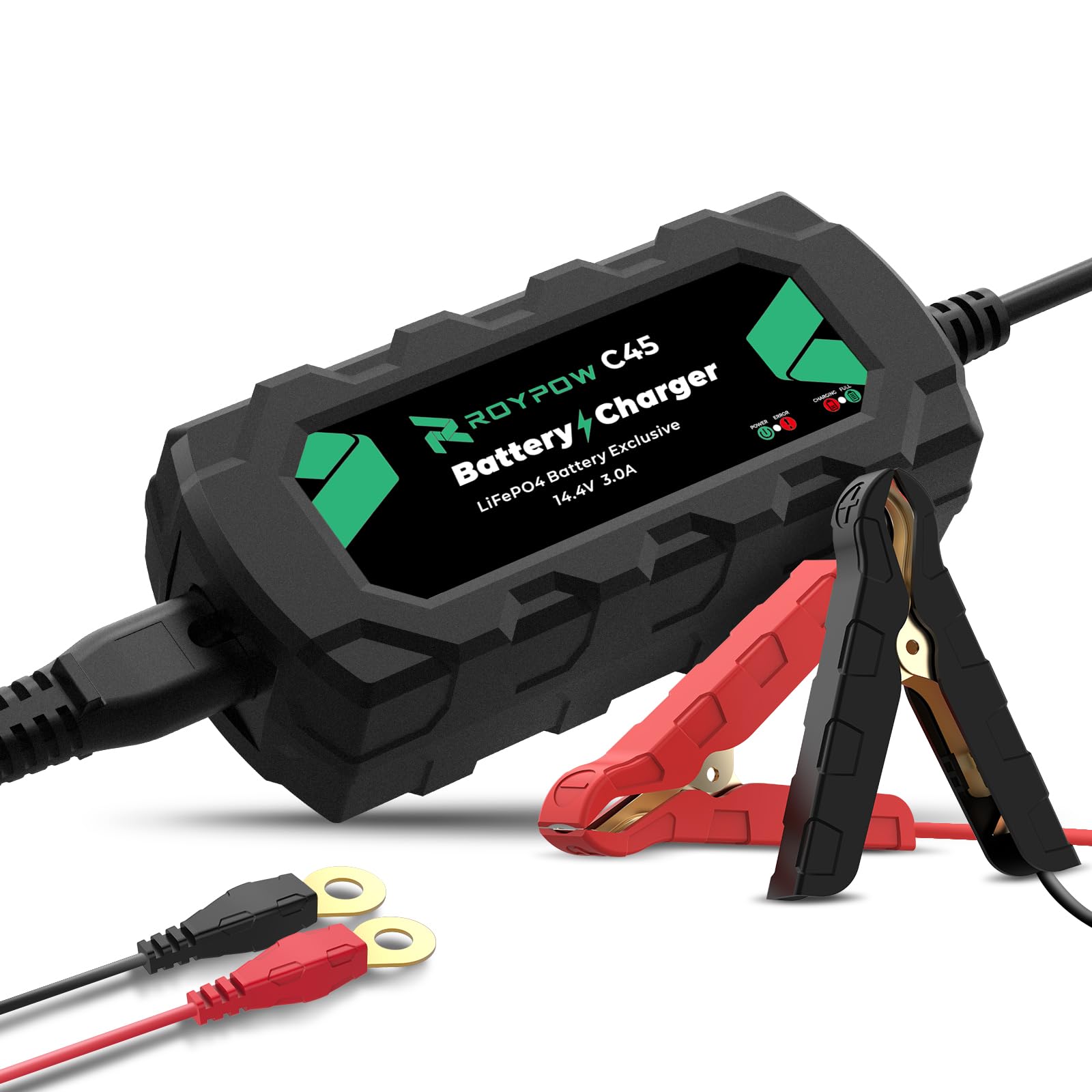RoyPow リン酸鉄リチウムイオンバッテリー充電器 14.4V3A バッテリーチャージャー トリクルチャージ バッテリー活性化LEDランプ 逆接続&ショート&過電圧&過電流保護 PSE認証取得済