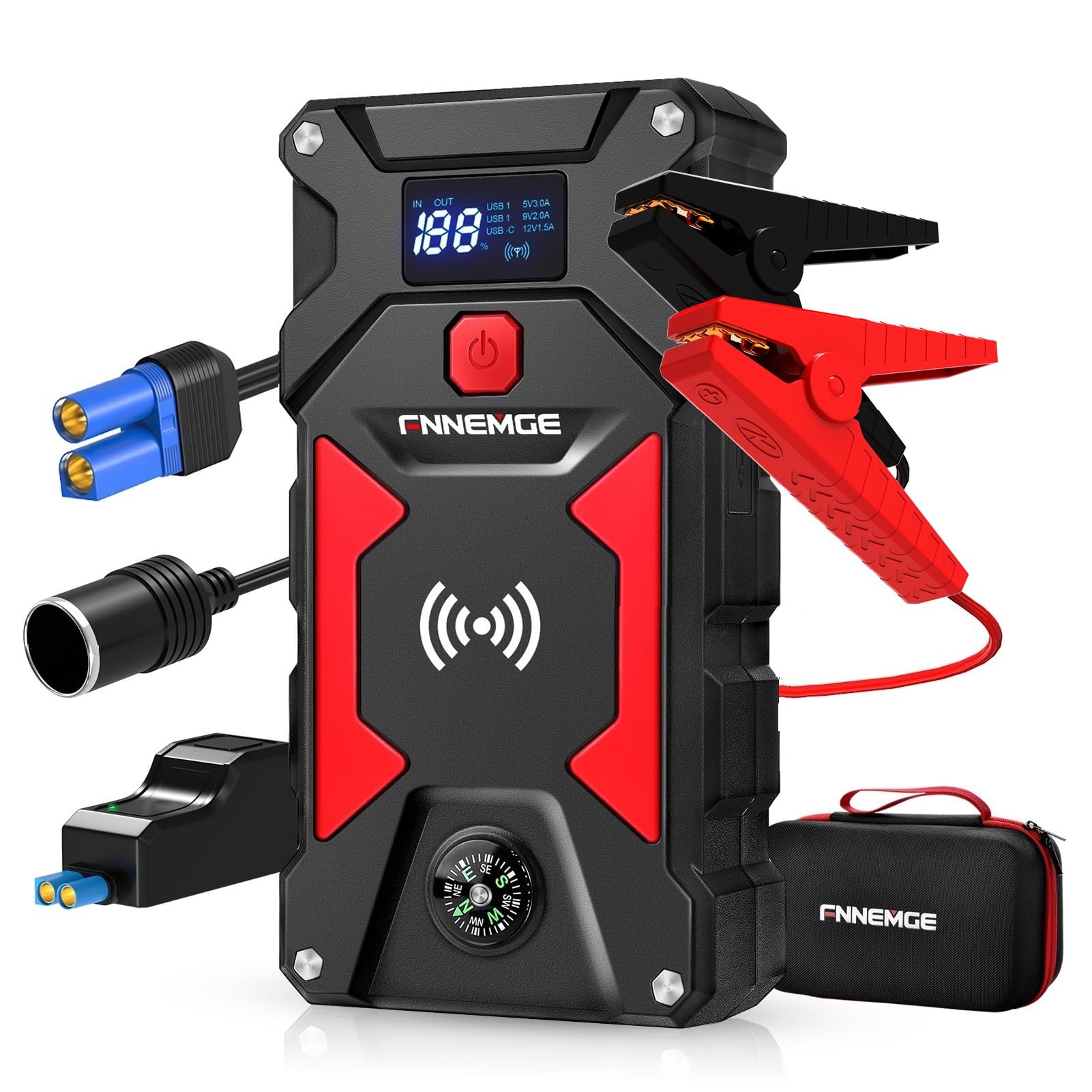 FNNEMGE ジャンプスターター電流5000A 24800mAh 12V エンジンスターター（すべてのガソリン車/8.0Lディーゼルエンジン車）、10Wワイヤレス充電器パワーバンクお /USB QC3.0 急速充電 よび3モードLED懐