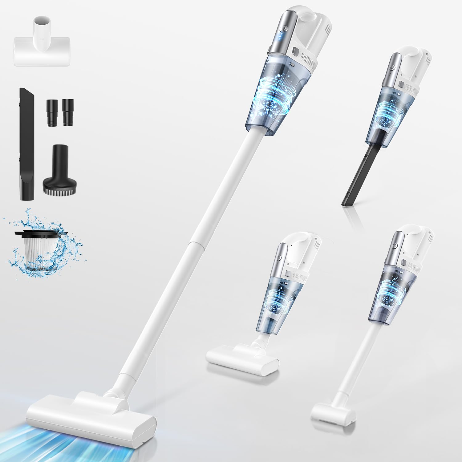 掃除機 コードレス 【2024新登場 21000Pa超強力吸引 超軽量】 スティック型 ハンディクリーナー 静音 2wayタイプ 2段階吸引力モード 左右170°上下90°回転 サイクロン式 ledライト Type-C充電式 5種